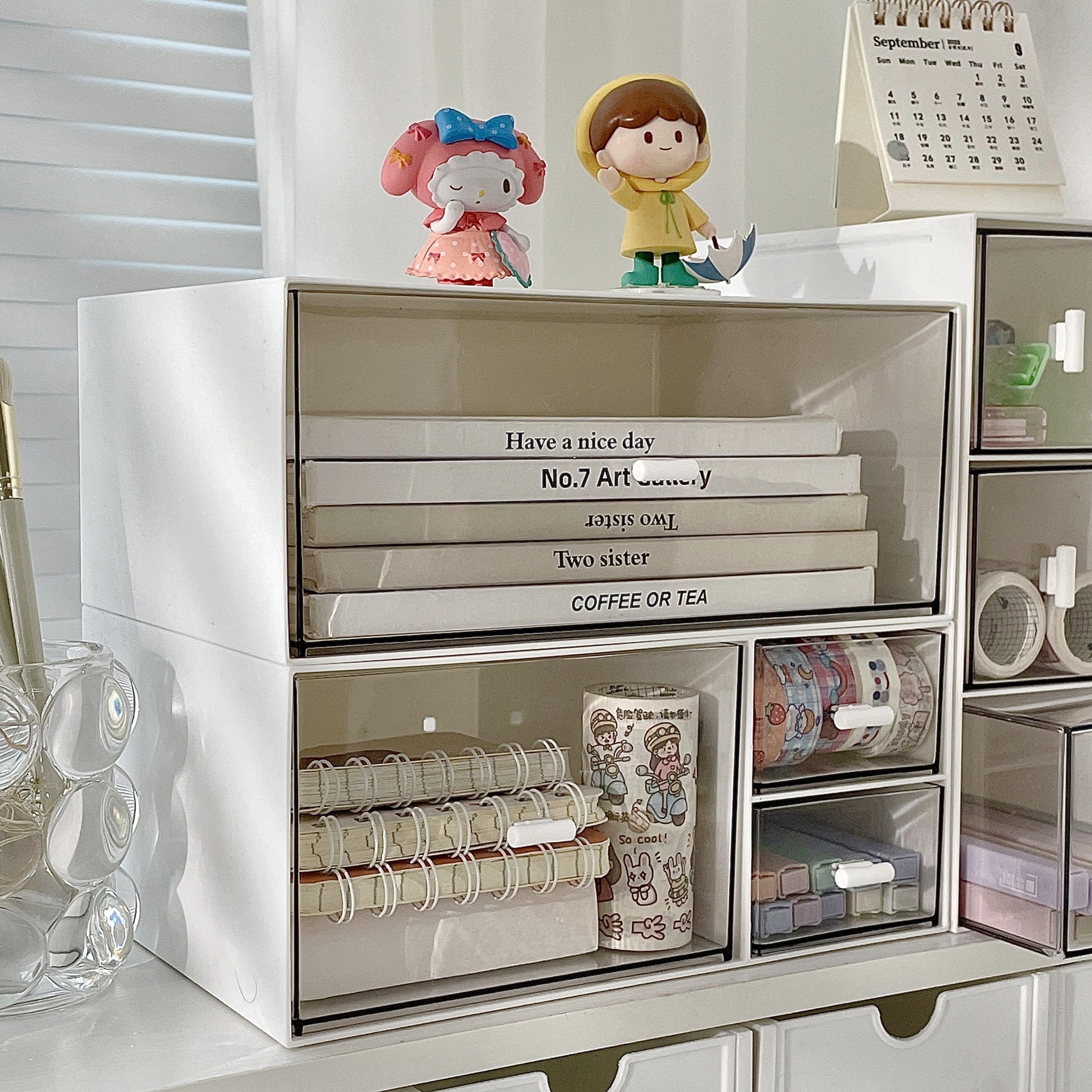 clear desktop organizer with drawers for stationery, makeup and office supplies