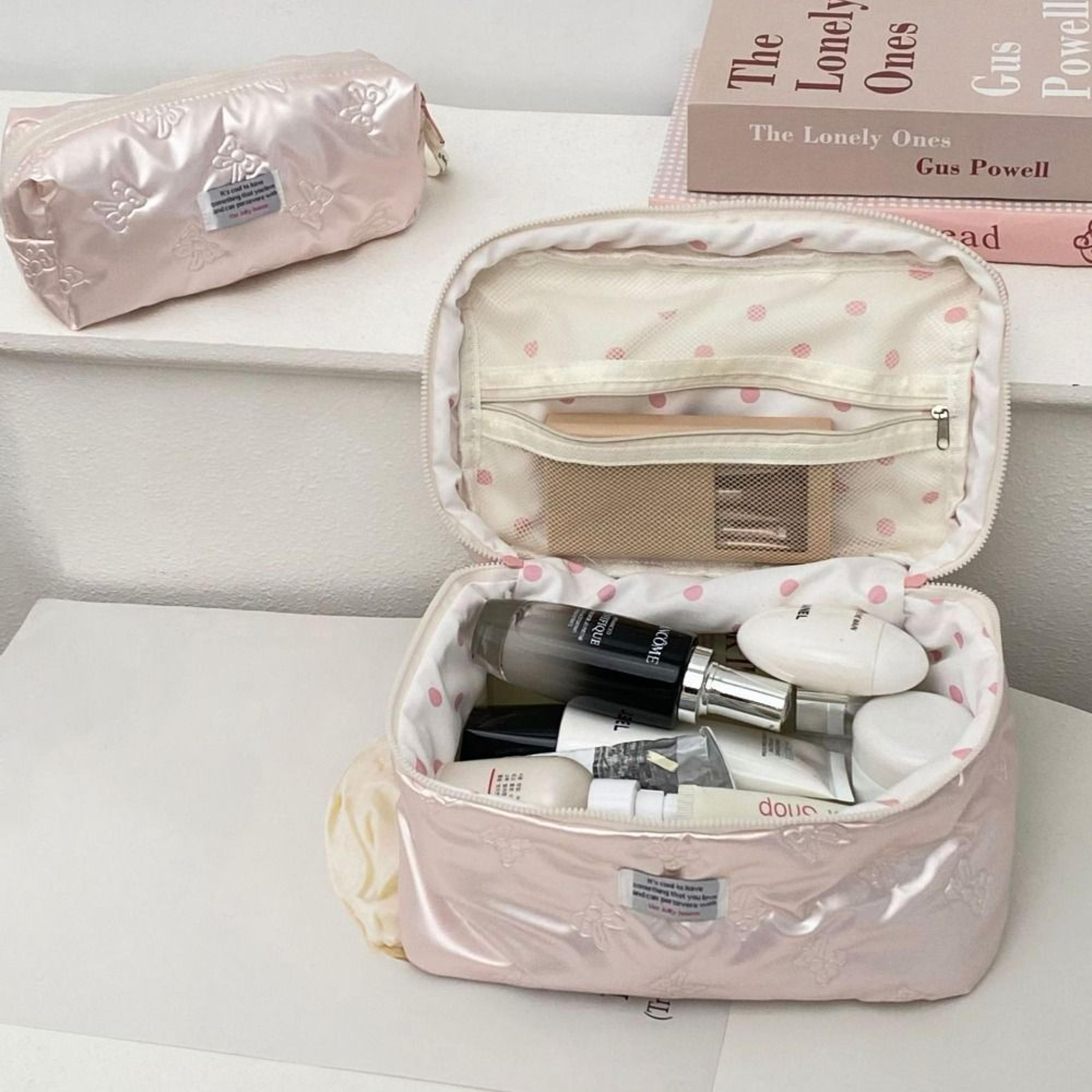 elegant bow travel makeup bag with pu cosmetic organizer compartments