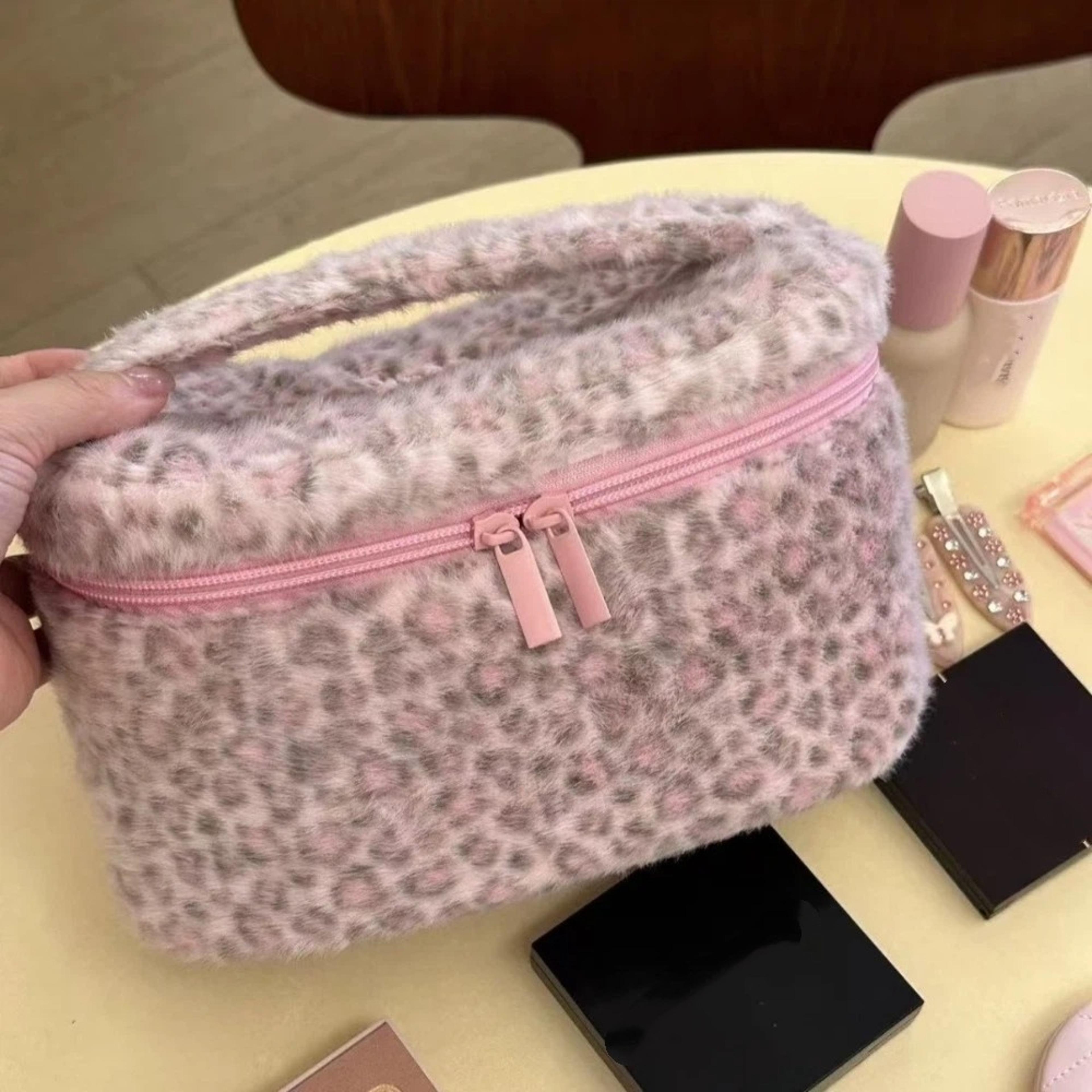 pink leopard makeup bag portable travel cosmetic bag with zipper handle