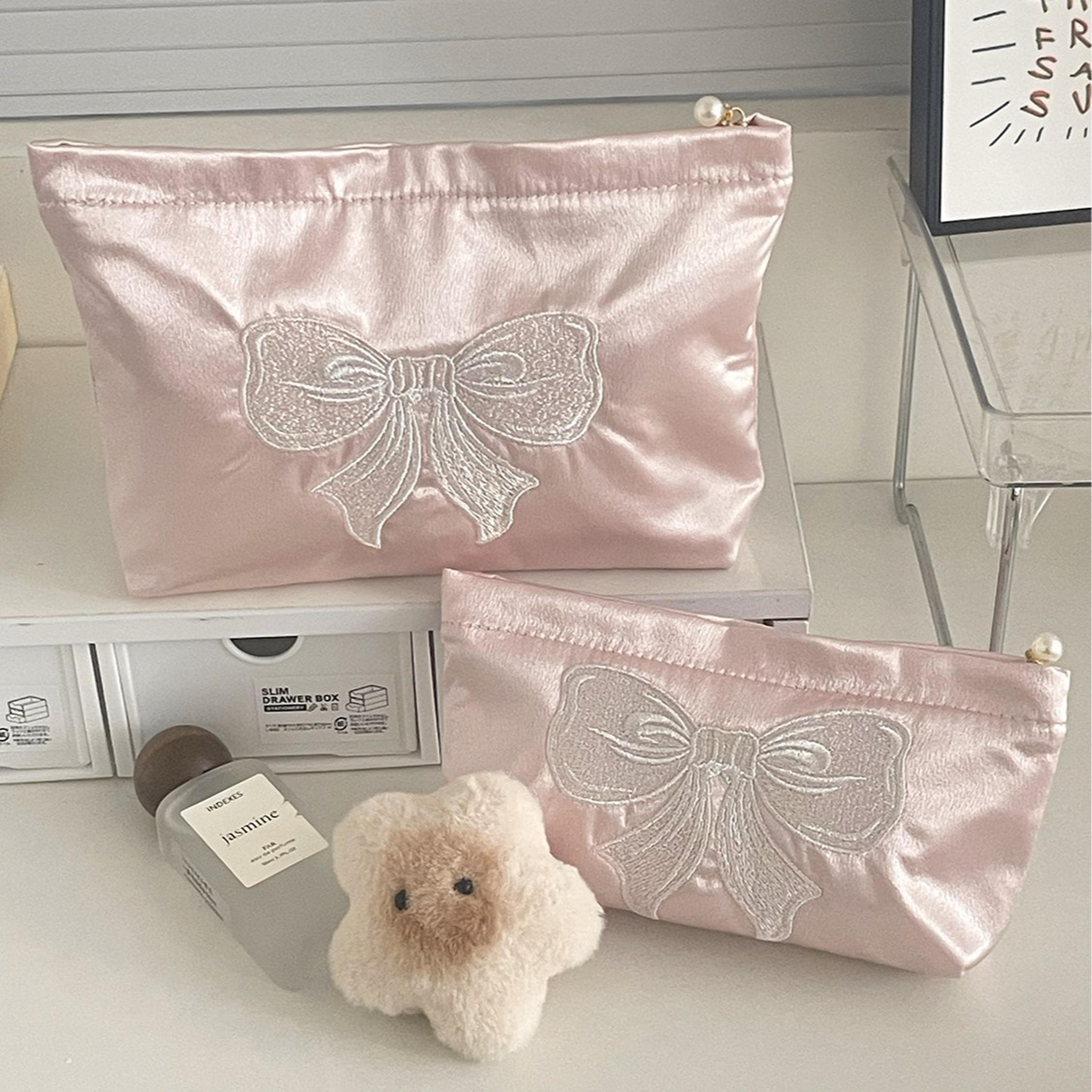 pink pearlescent bow makeup bag large capacity satin cosmetic bag for women
