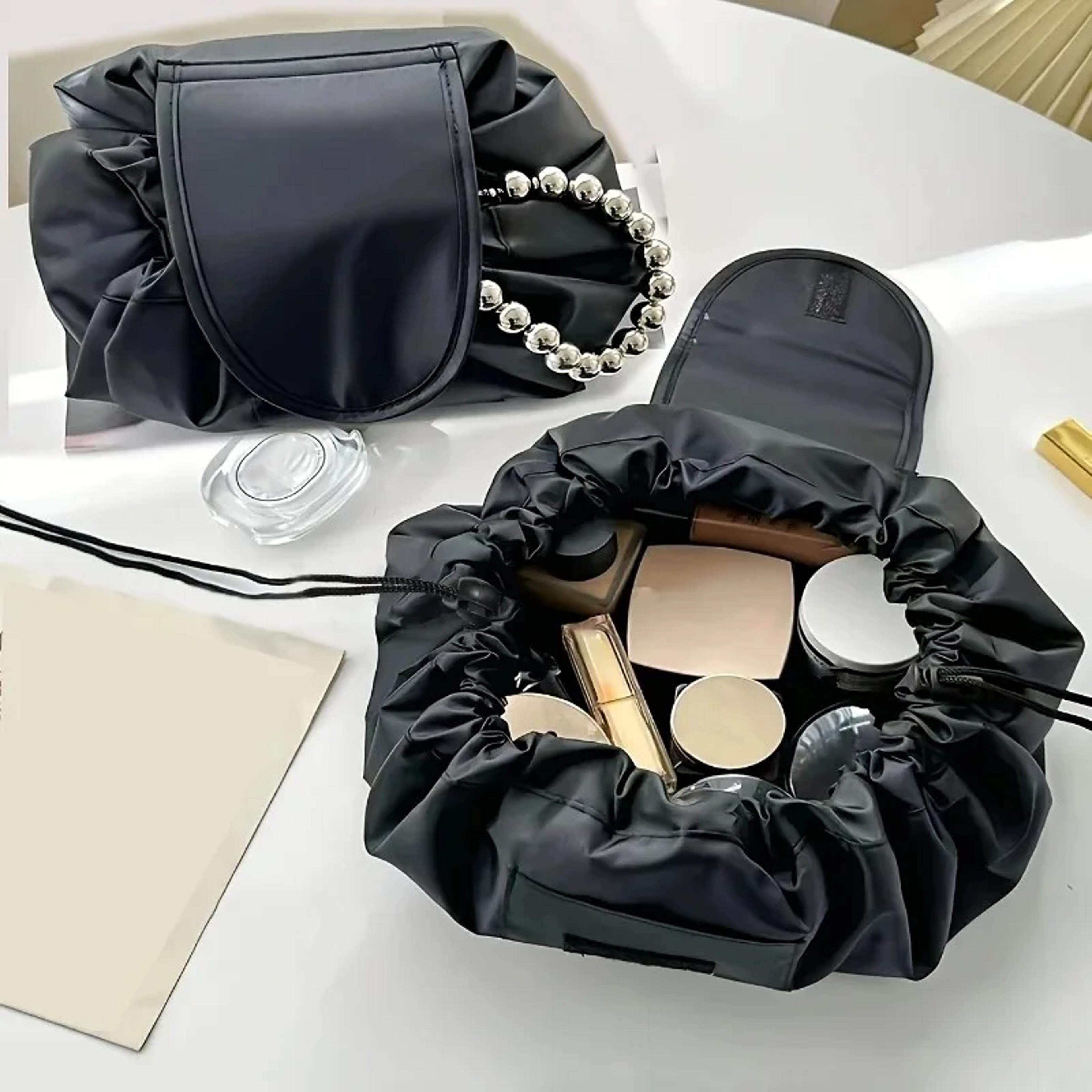 lay flat drawstring makeup bag portable travel makeup organizer for cosmetics and toiletries