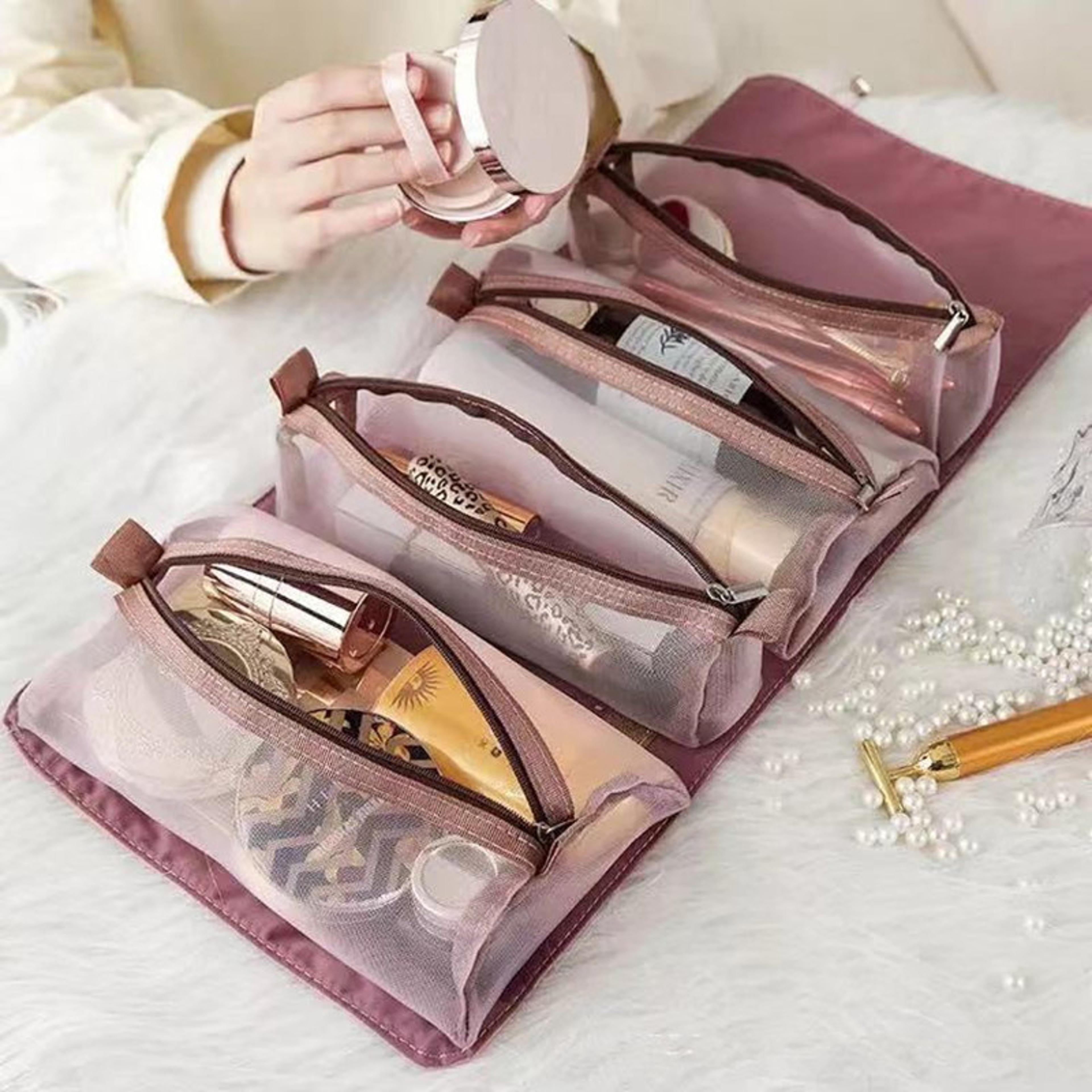 travel makeup bag with detachable mesh cosmetic pouches