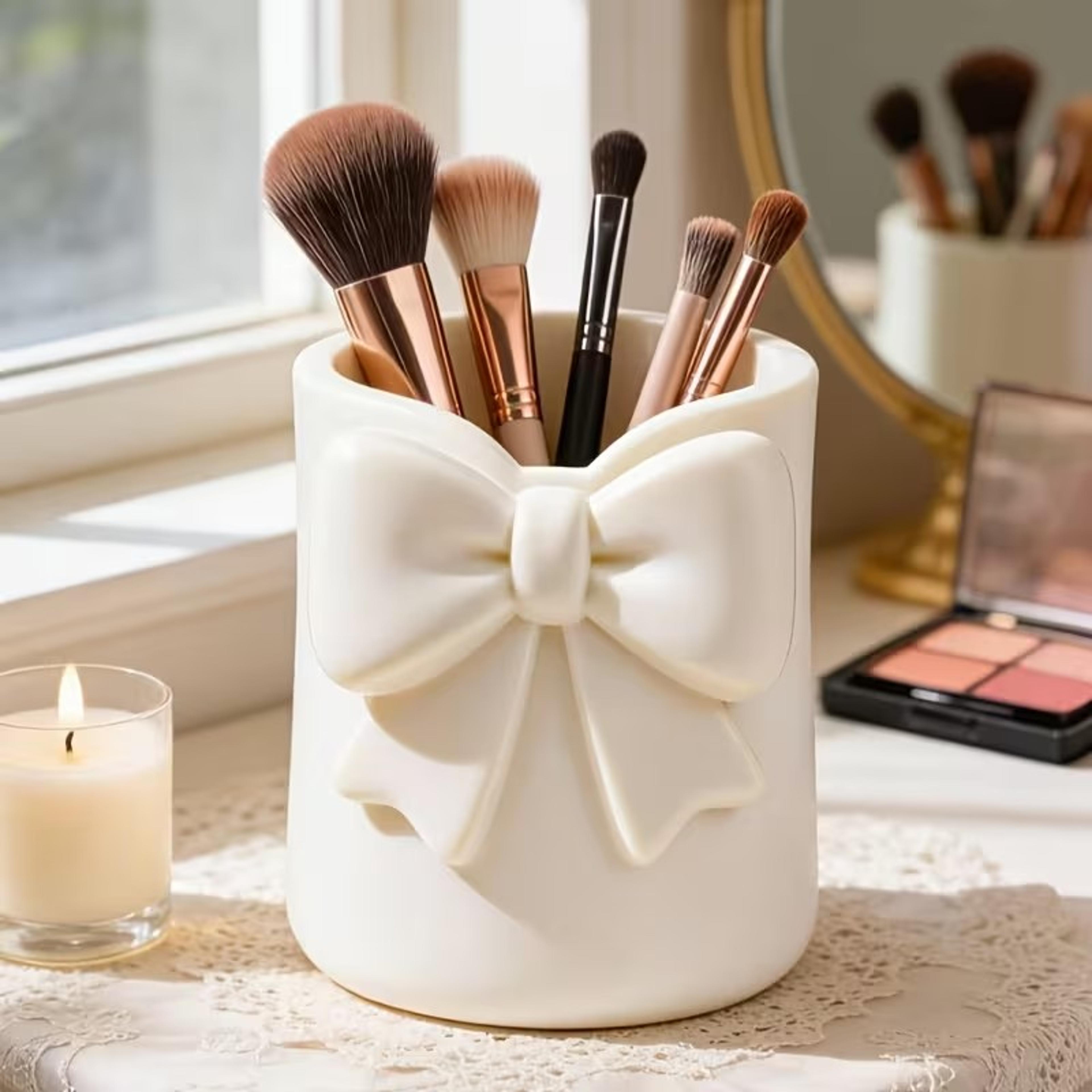bowknot makeup brush holder and vanity organizer for lip gloss, eyebrow tools and pens