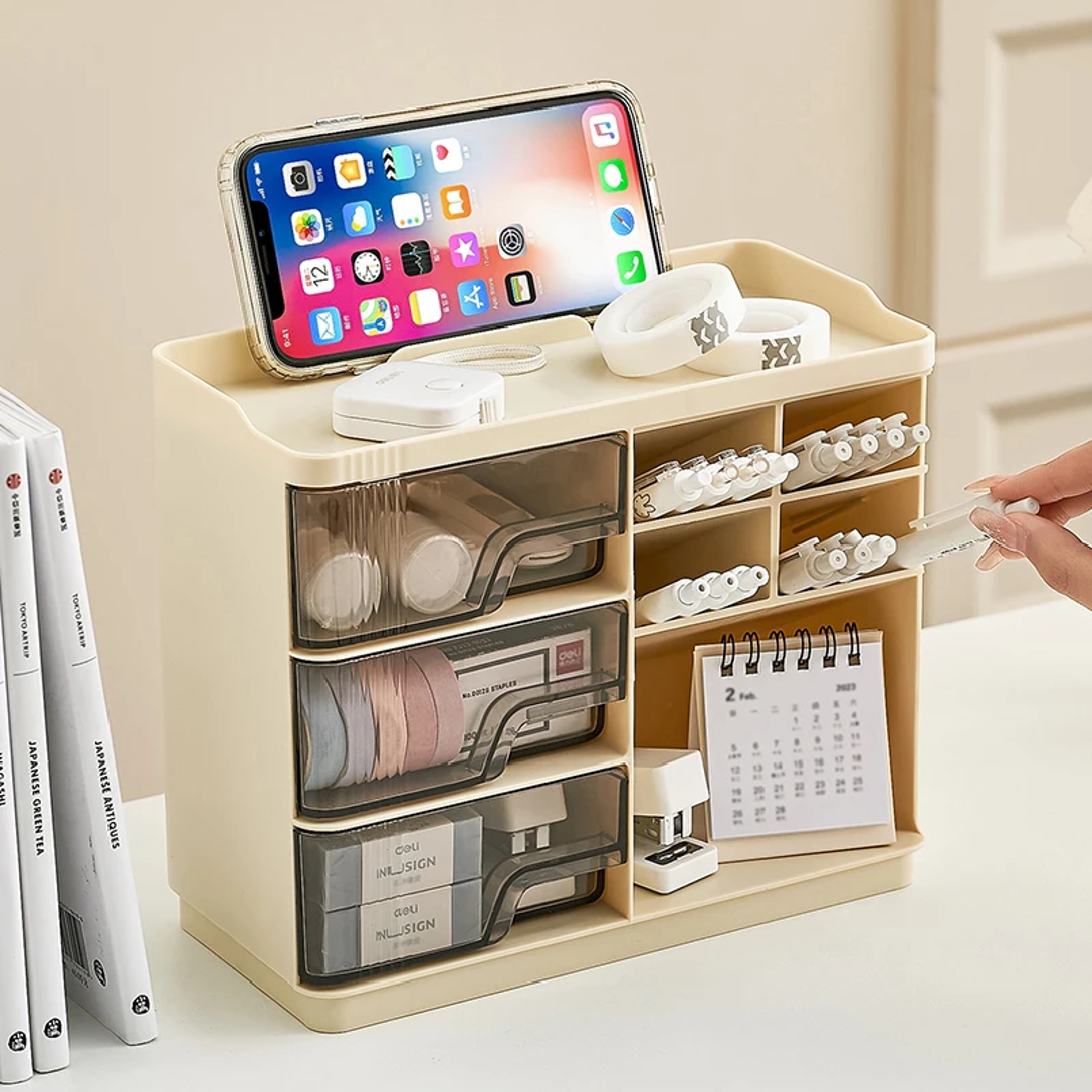 cream desktop organizer with drawers large capacity stackable stationery organizer