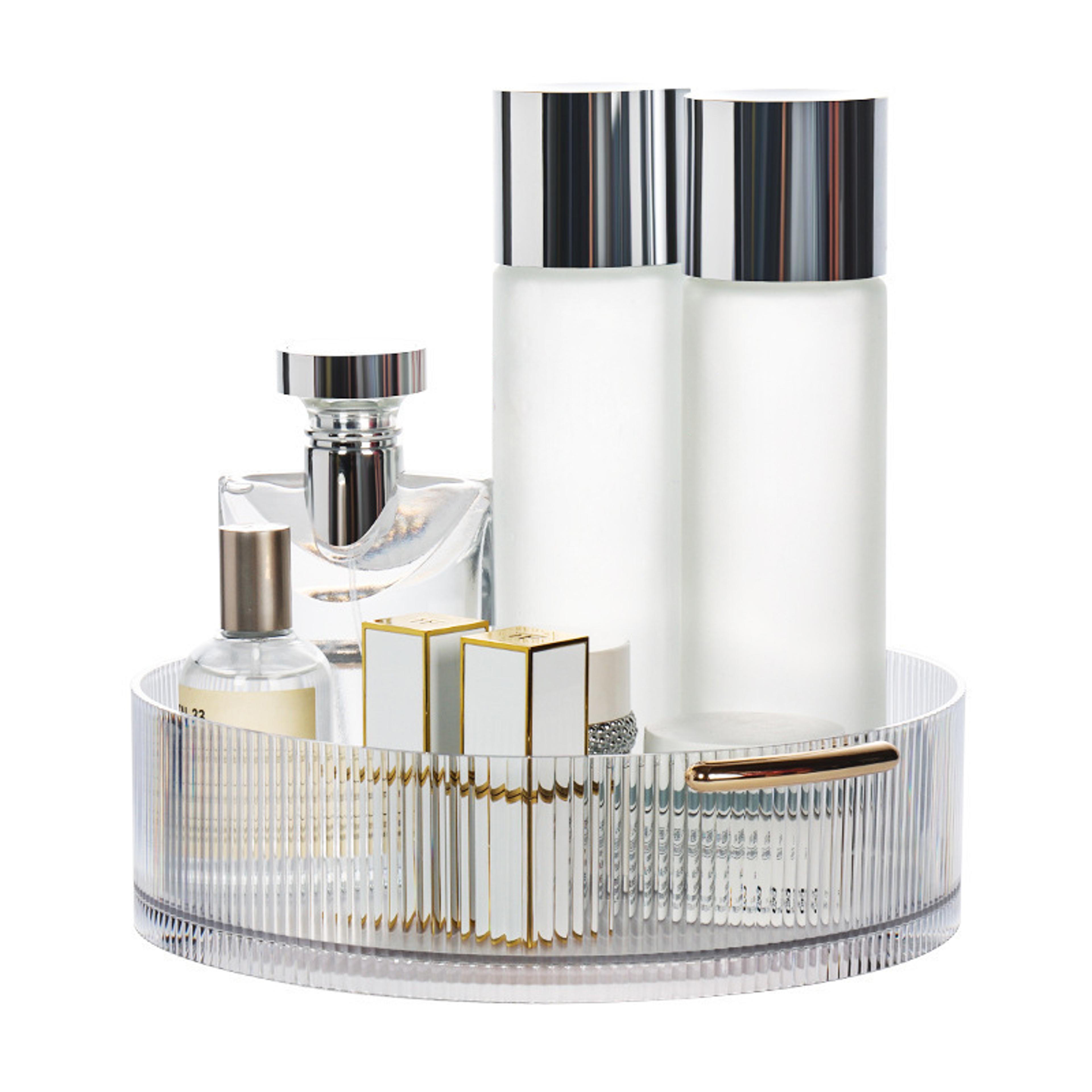360 rotating makeup organizer clear cosmetic and skincare storage tray