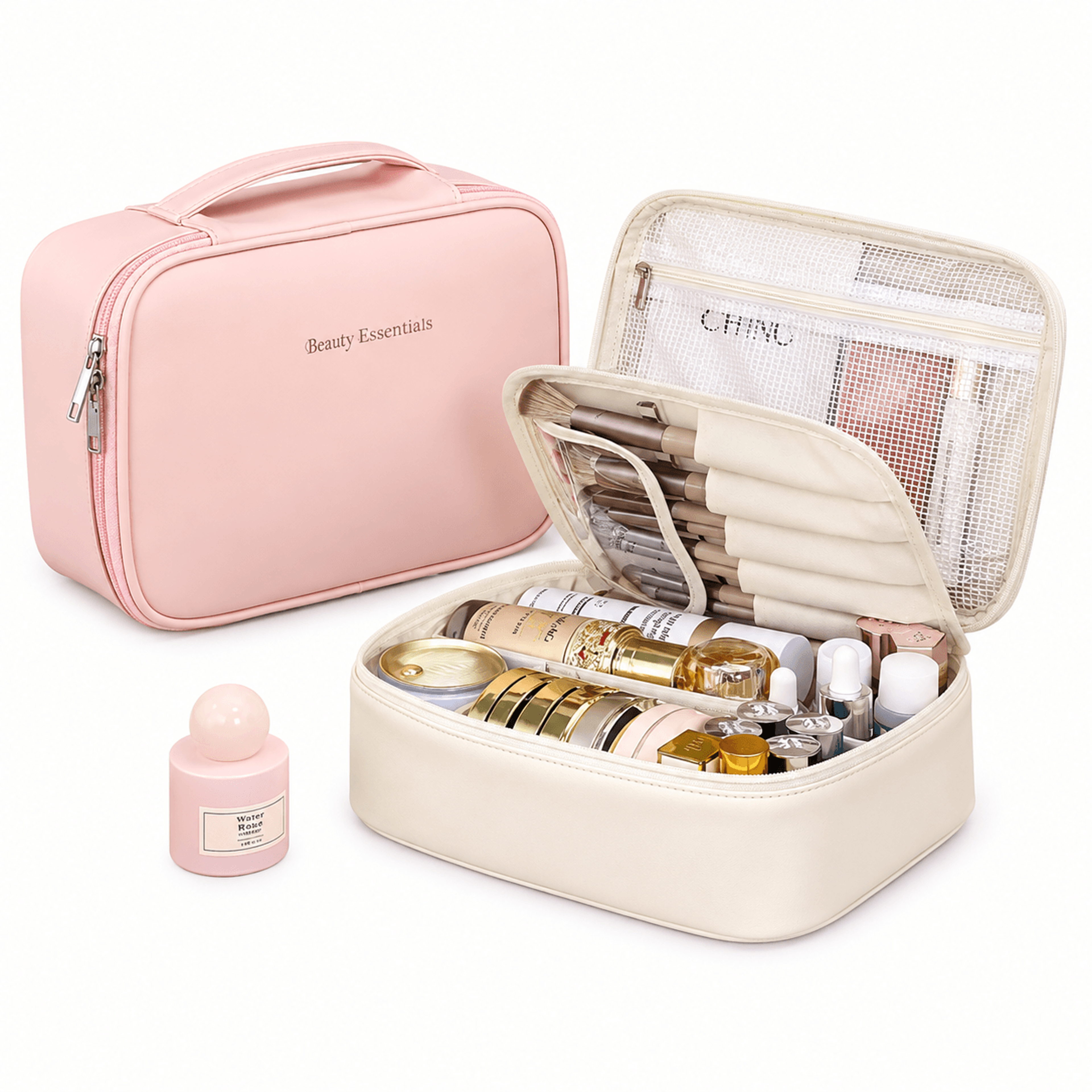 luxecarry large capacity travel makeup bag pu leather cosmetic organizer for women