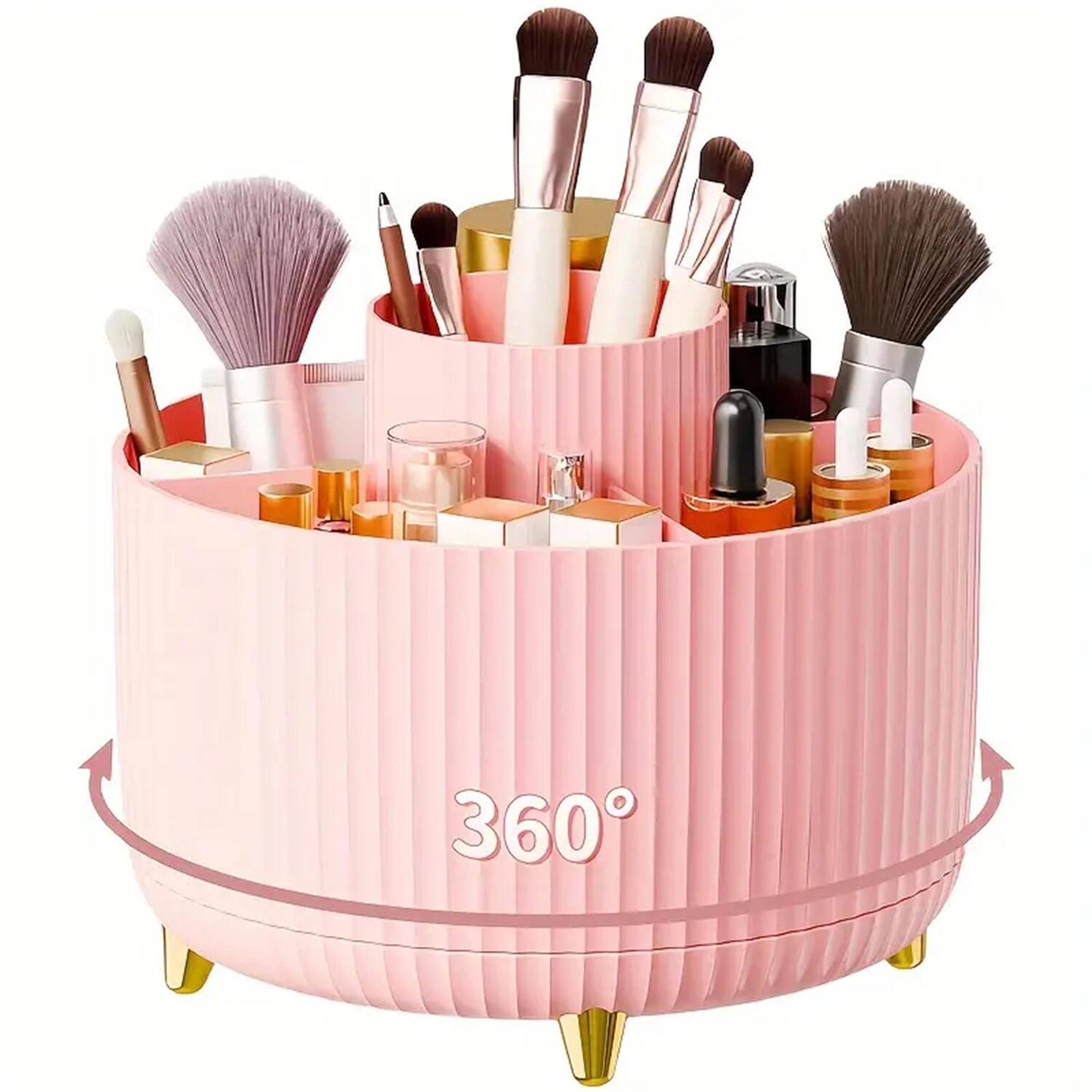 360 rotating makeup organizer with 5 compartments cosmetic storage and makeup brush holder