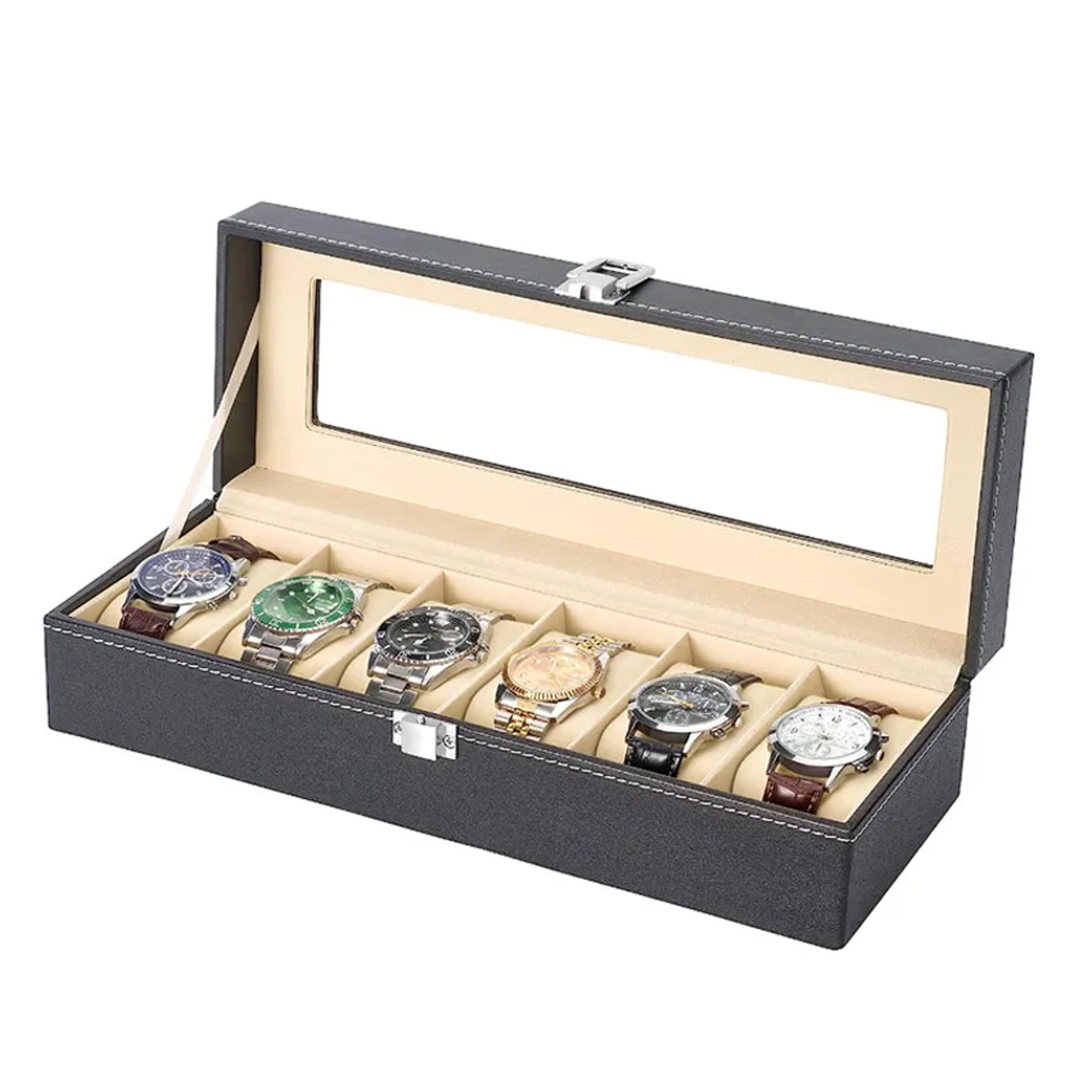 6 slot watch box organizer pu leather watch display case with glass top