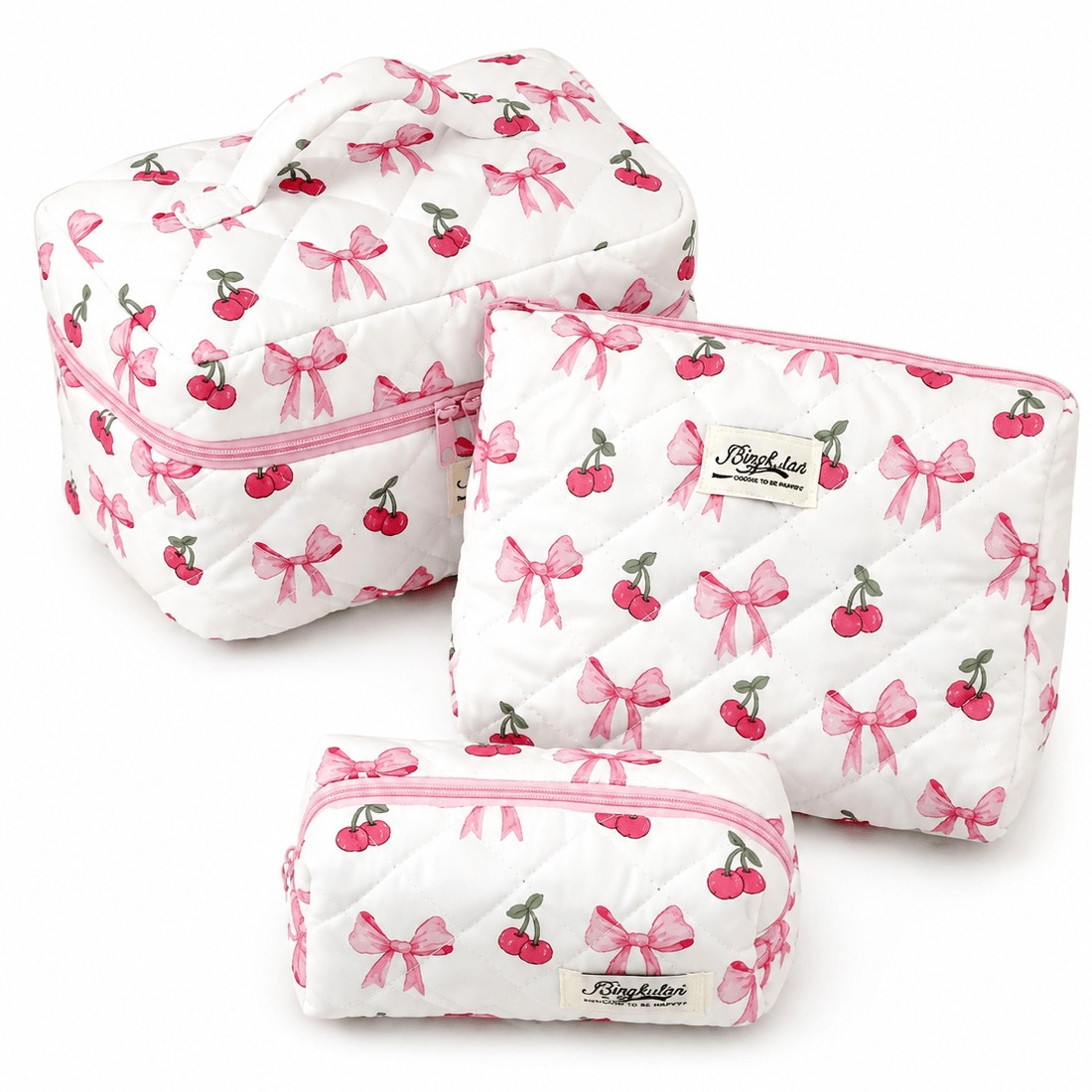 cherry bow quilted makeup bag portable travel cosmetic bag and toiletry organizer
