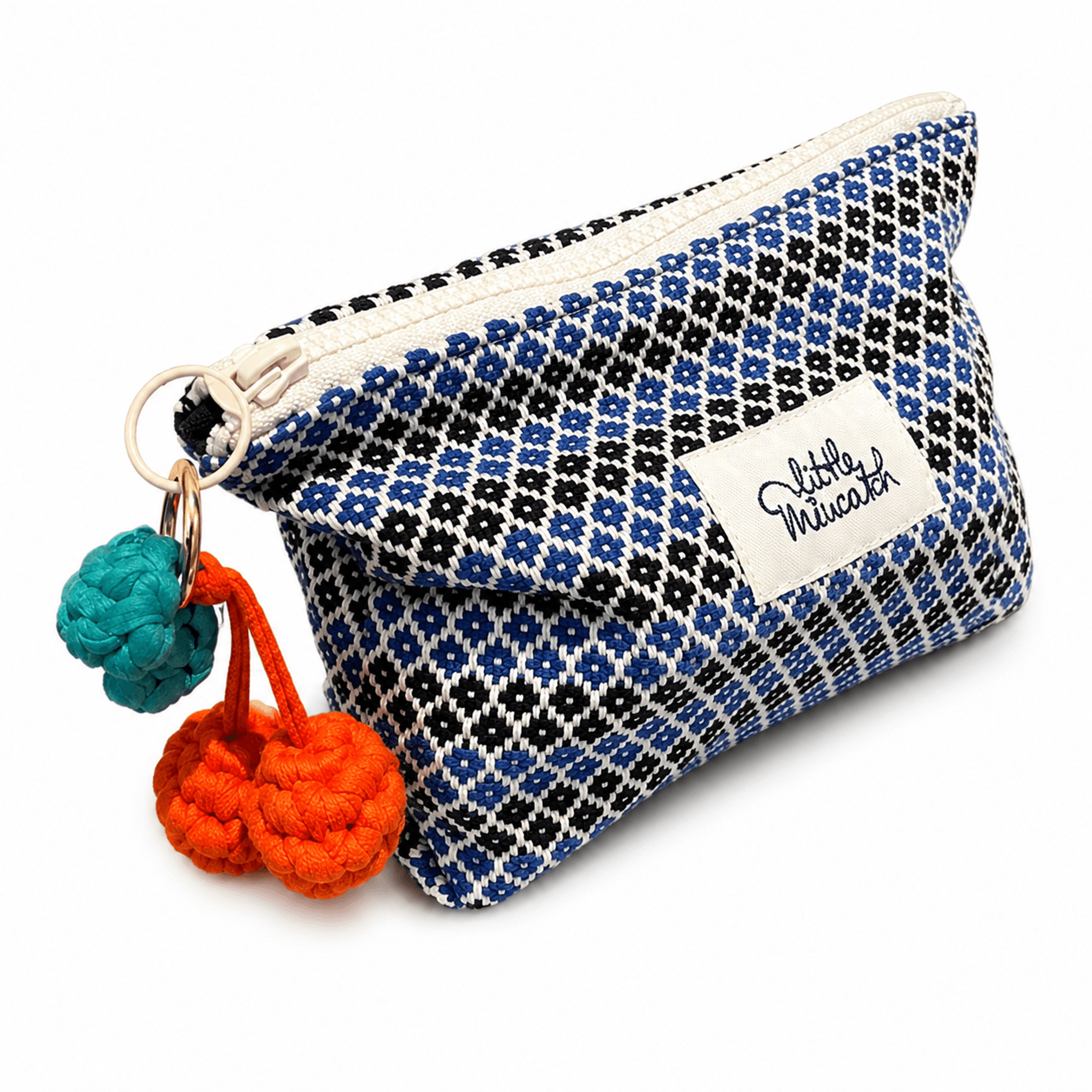blue cherry makeup bag large capacity travel cosmetic bag with geometric pattern and letter patch