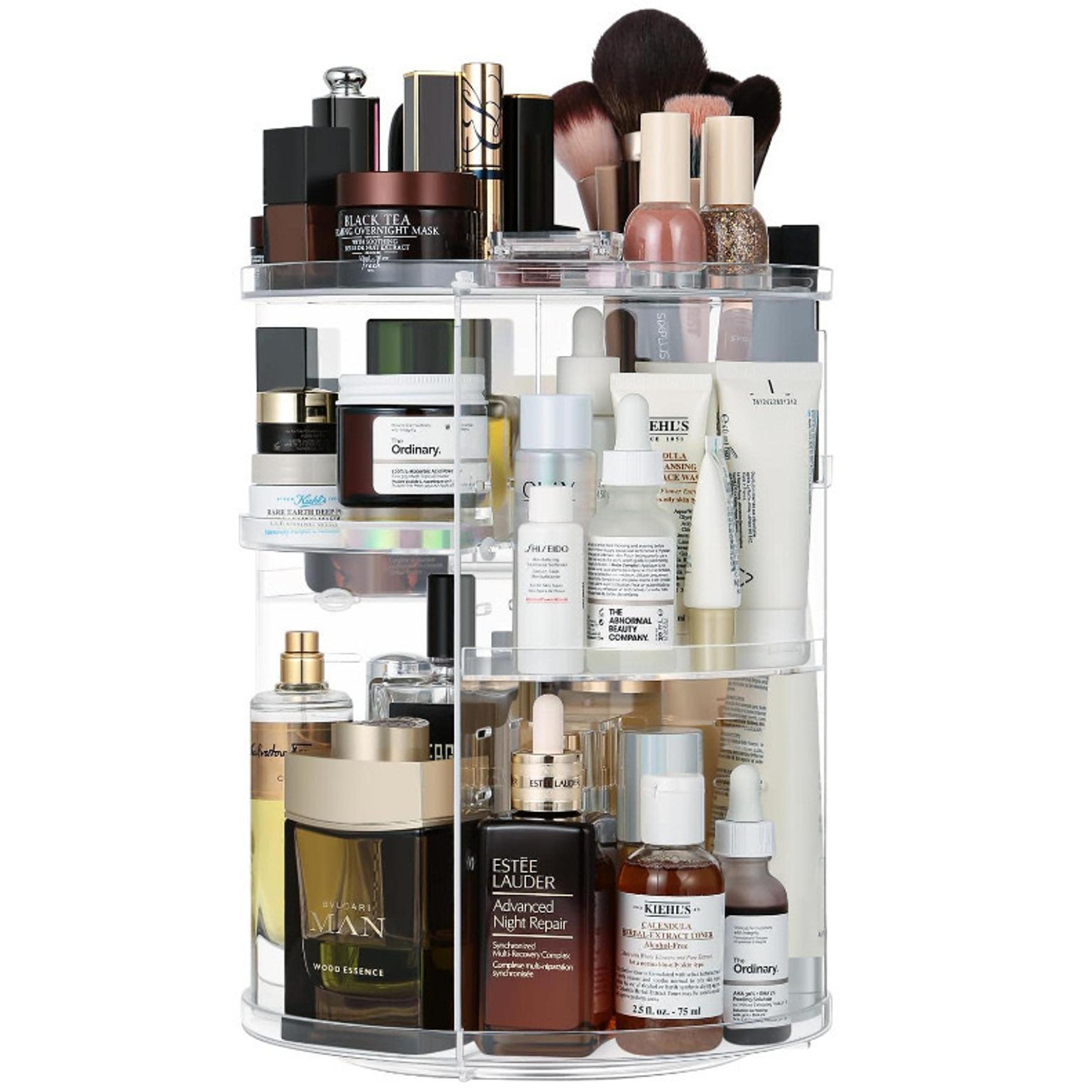 360 rotating makeup organizer with adjustable shelves for cosmetics and perfume
