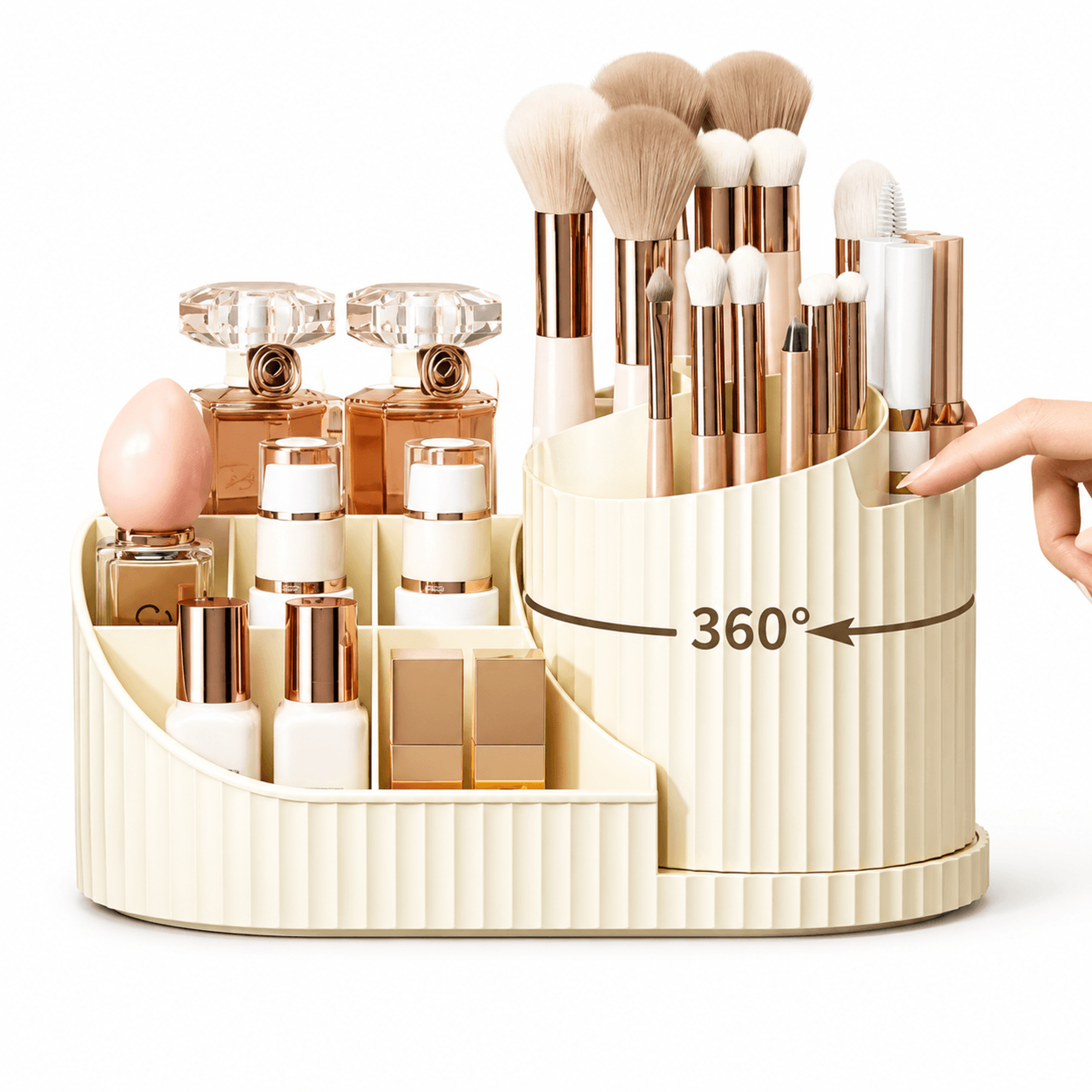 360° rotating makeup organizer with brush holder for vanity