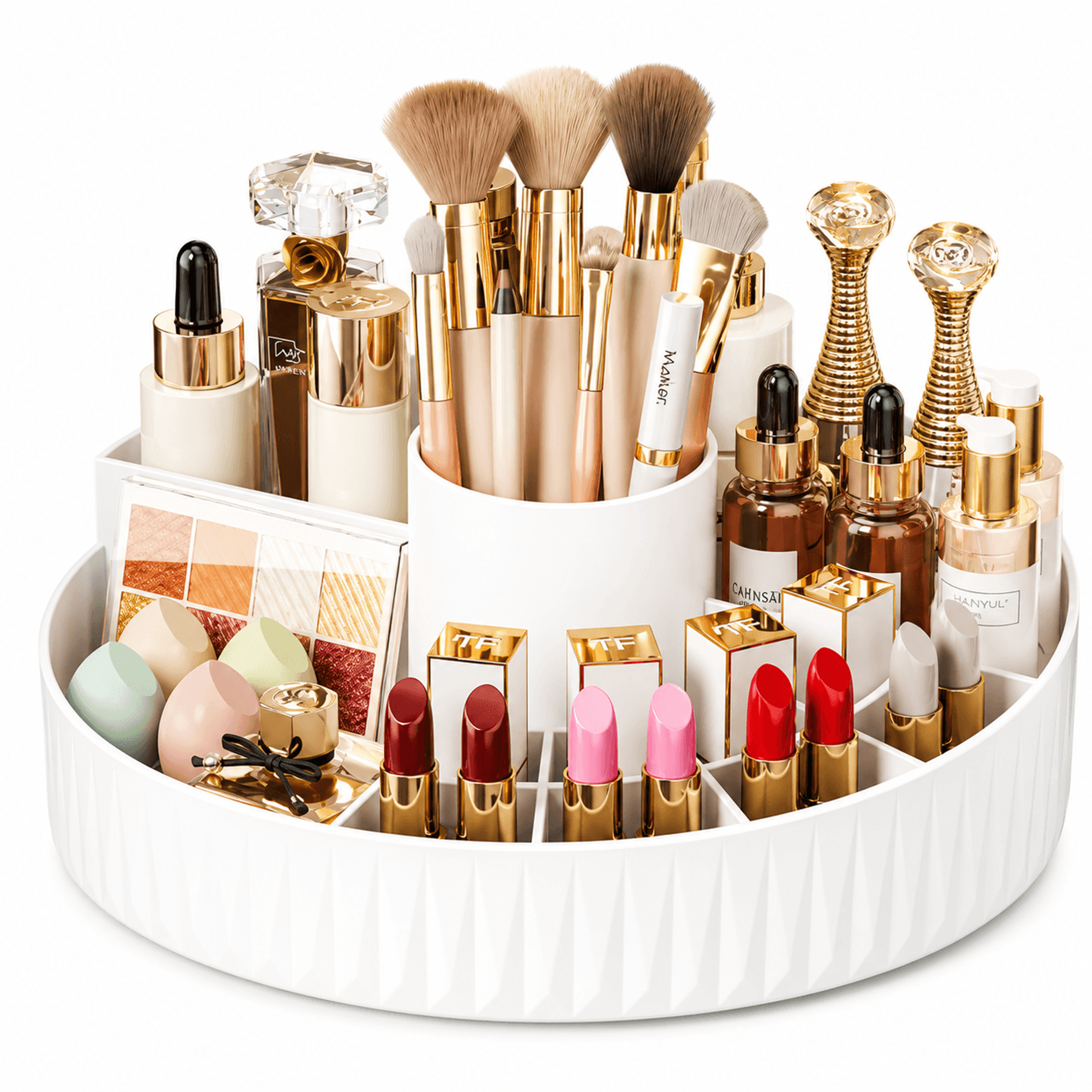 360° rotating makeup organizer with multi-compartment cosmetic storage