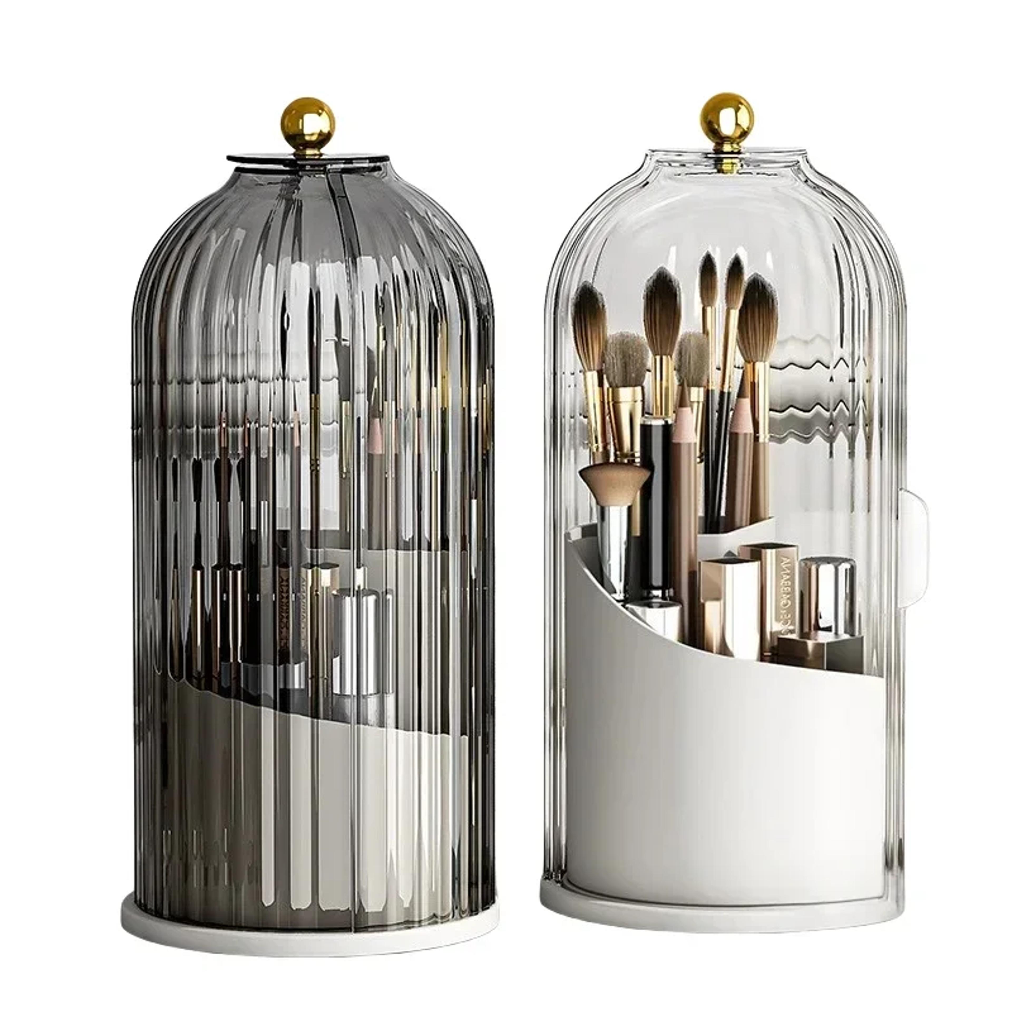 360° rotating makeup brush holder with cover and cosmetic organizer