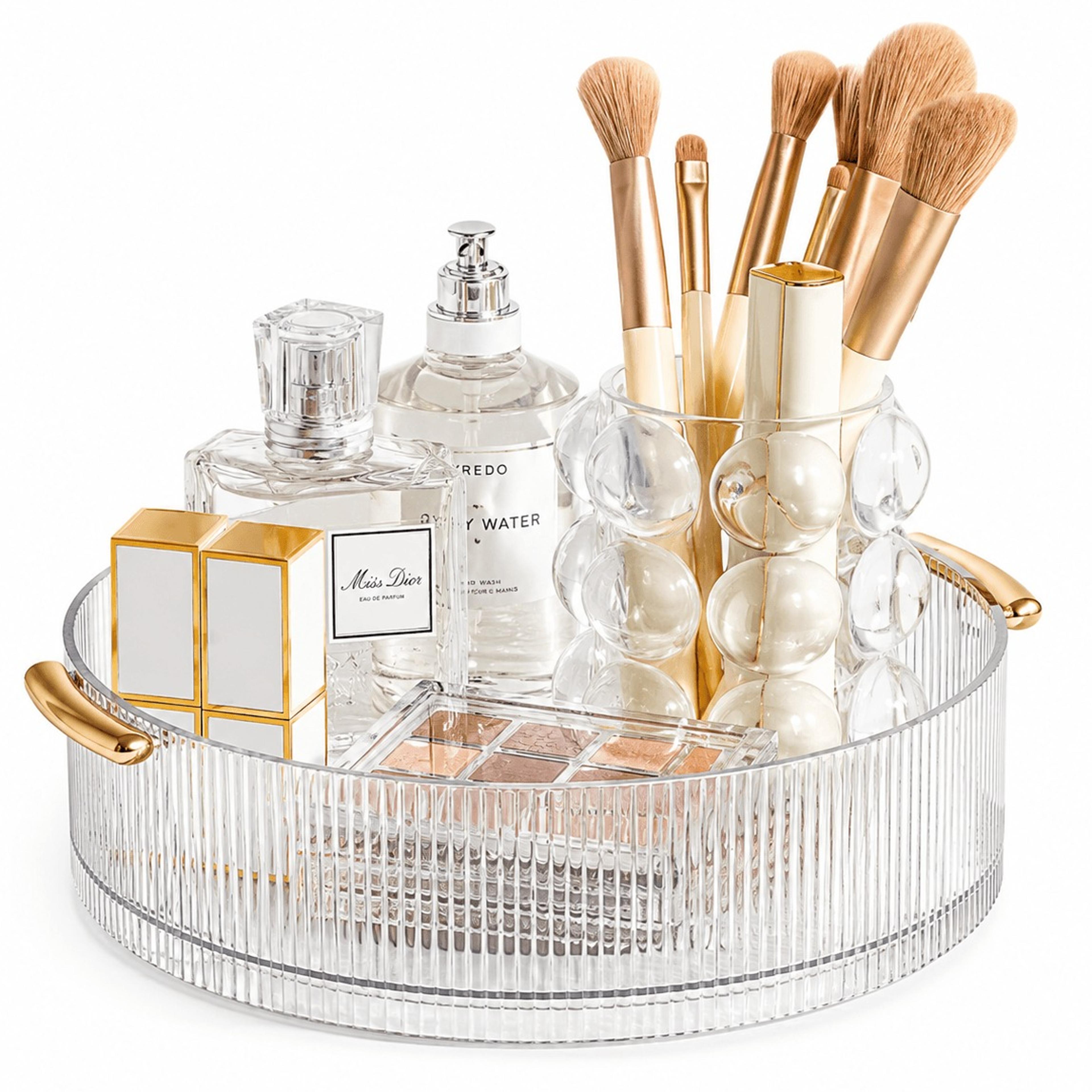 360° rotating makeup organizer clear ribbed cosmetic storage tray for vanity