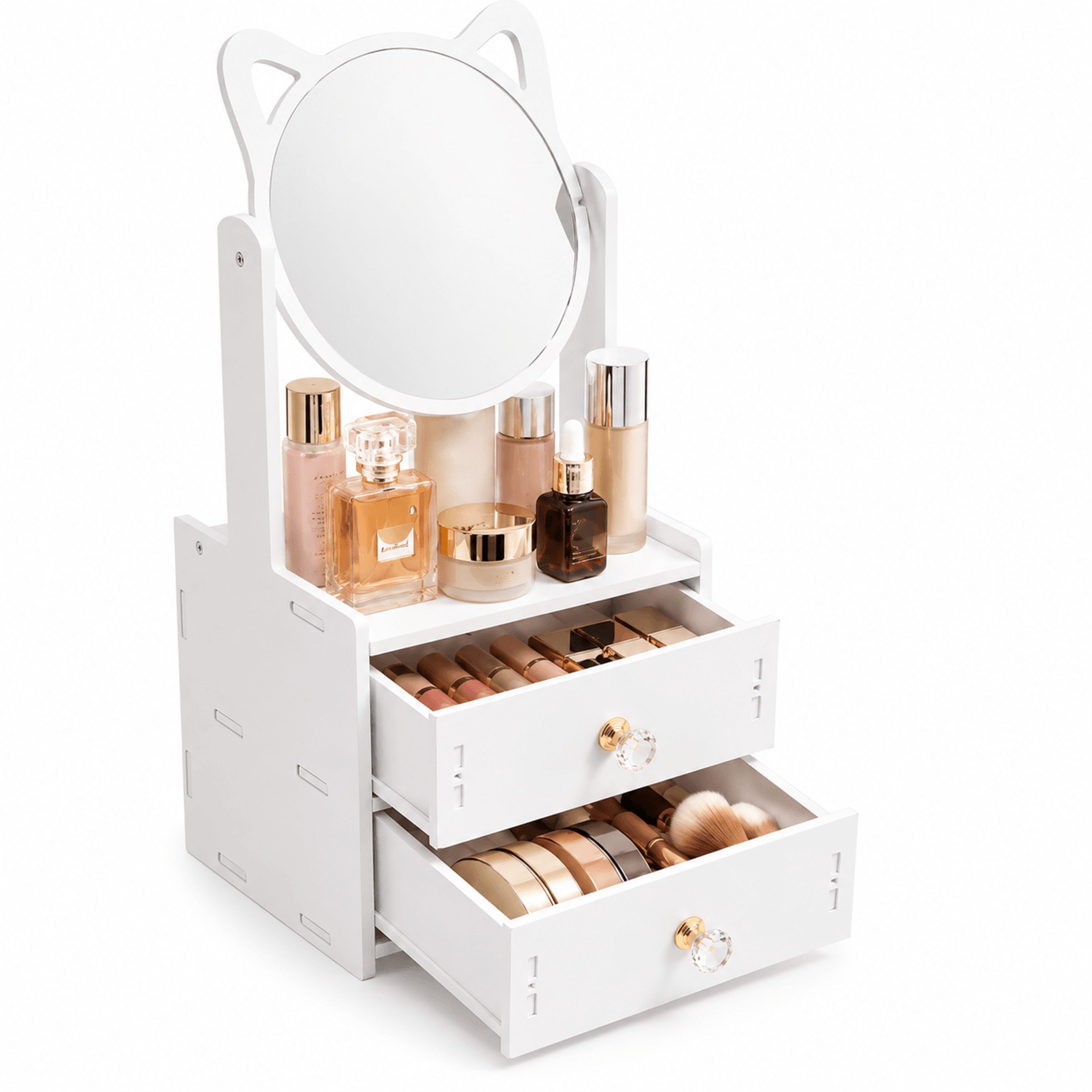 cute cat makeup organizer with 360° rotating mirror and double drawers