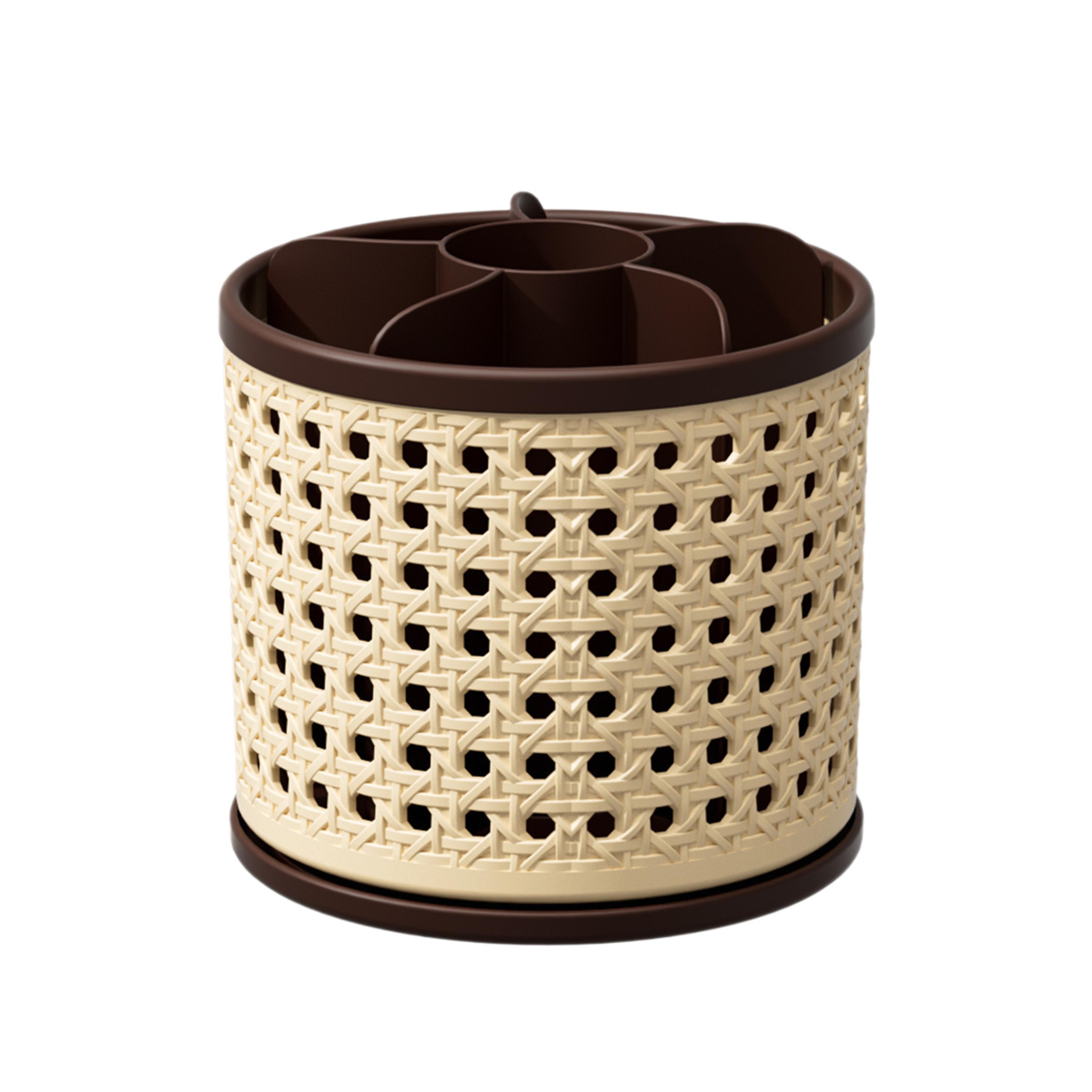 retro rattan makeup brush holder 360° rotating cosmetic organizer