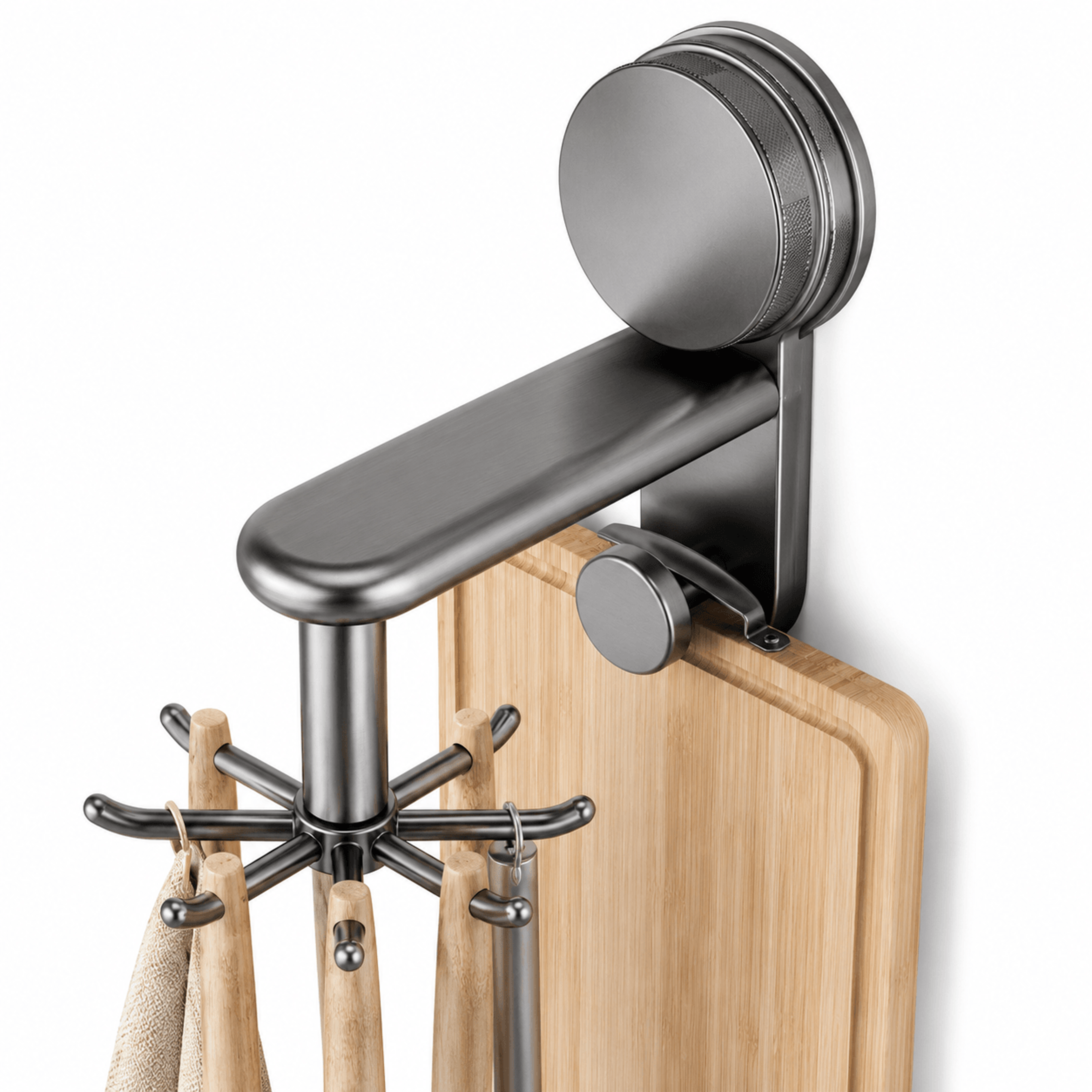 suction cup rotating kitchen utensil holder 6 hook no drill wall organizer