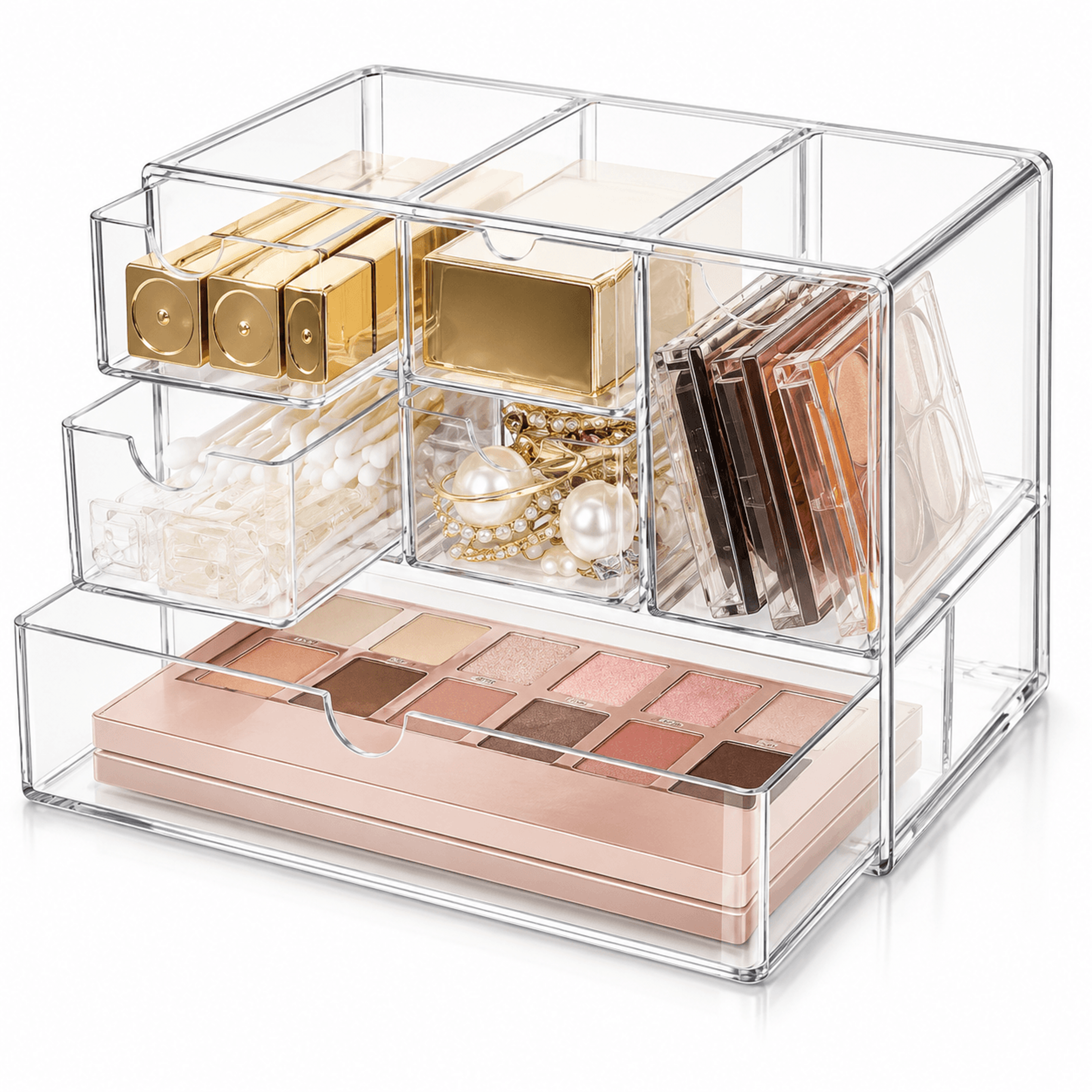 6 grid transparent makeup organizer box with drawer style storage