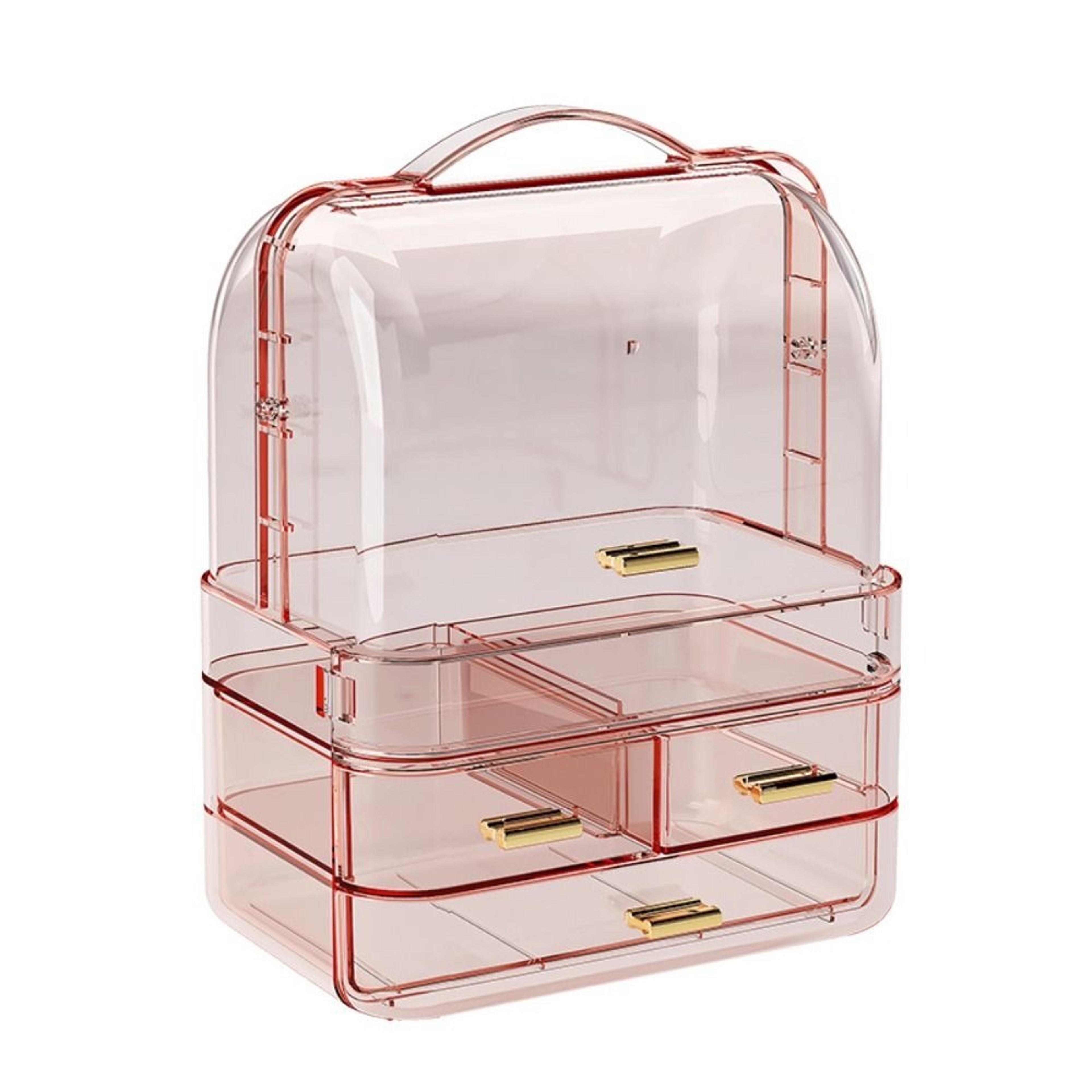 clear makeup organizer box with drawers, dustproof cosmetic storage and portable handle