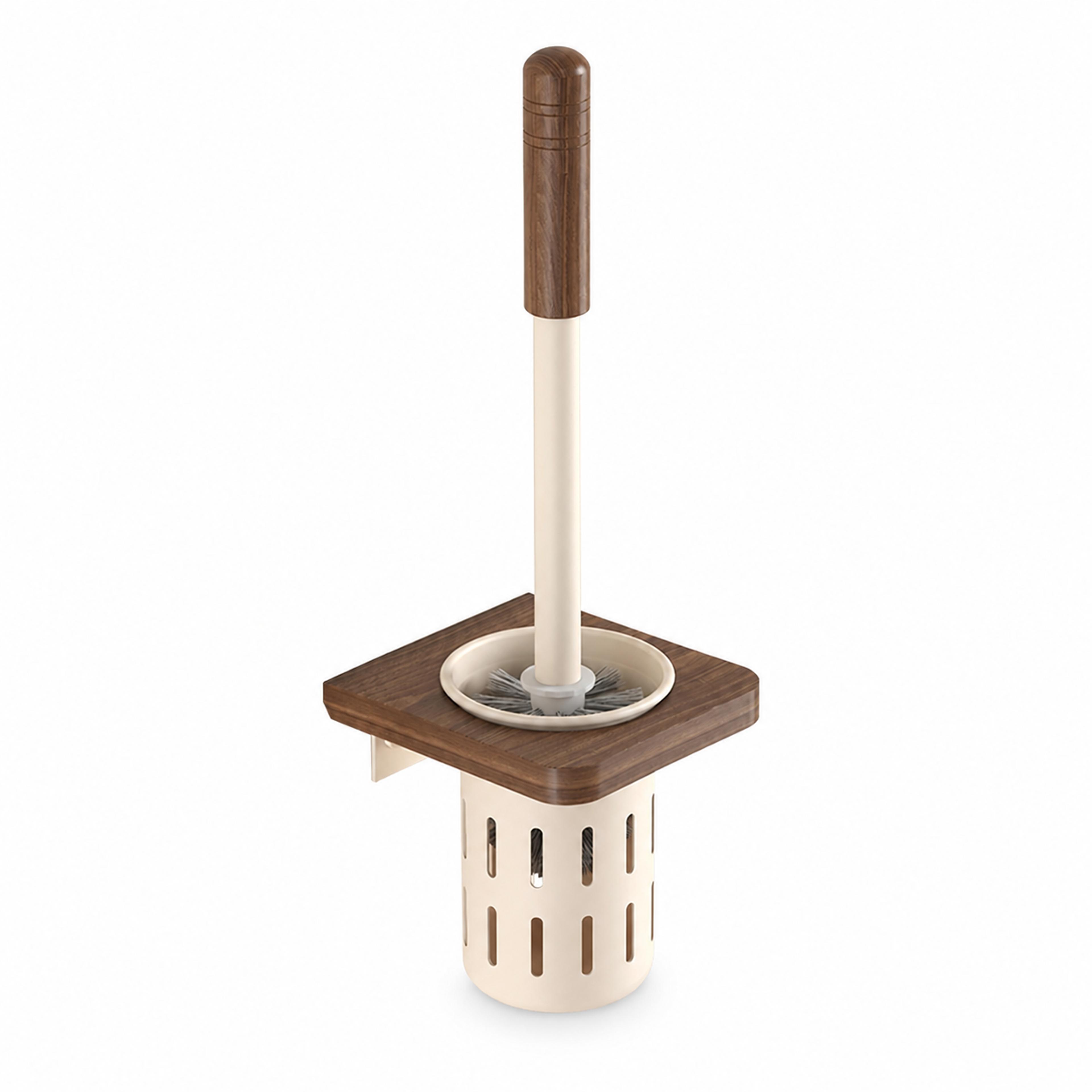 walnut wood wall mounted toilet brush holder set with storage shelf