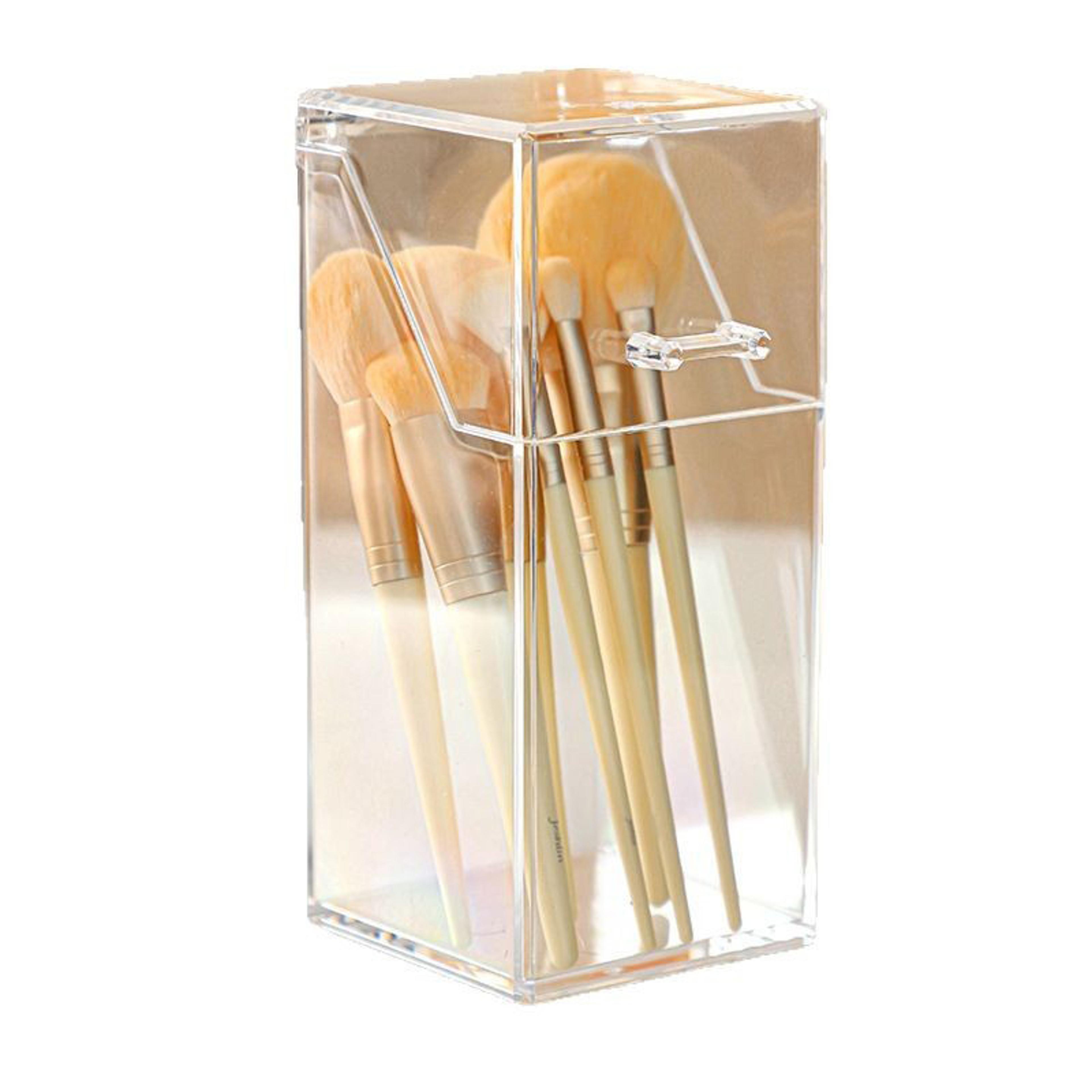 transparent acrylic makeup brush holder with flip top dustproof organizer