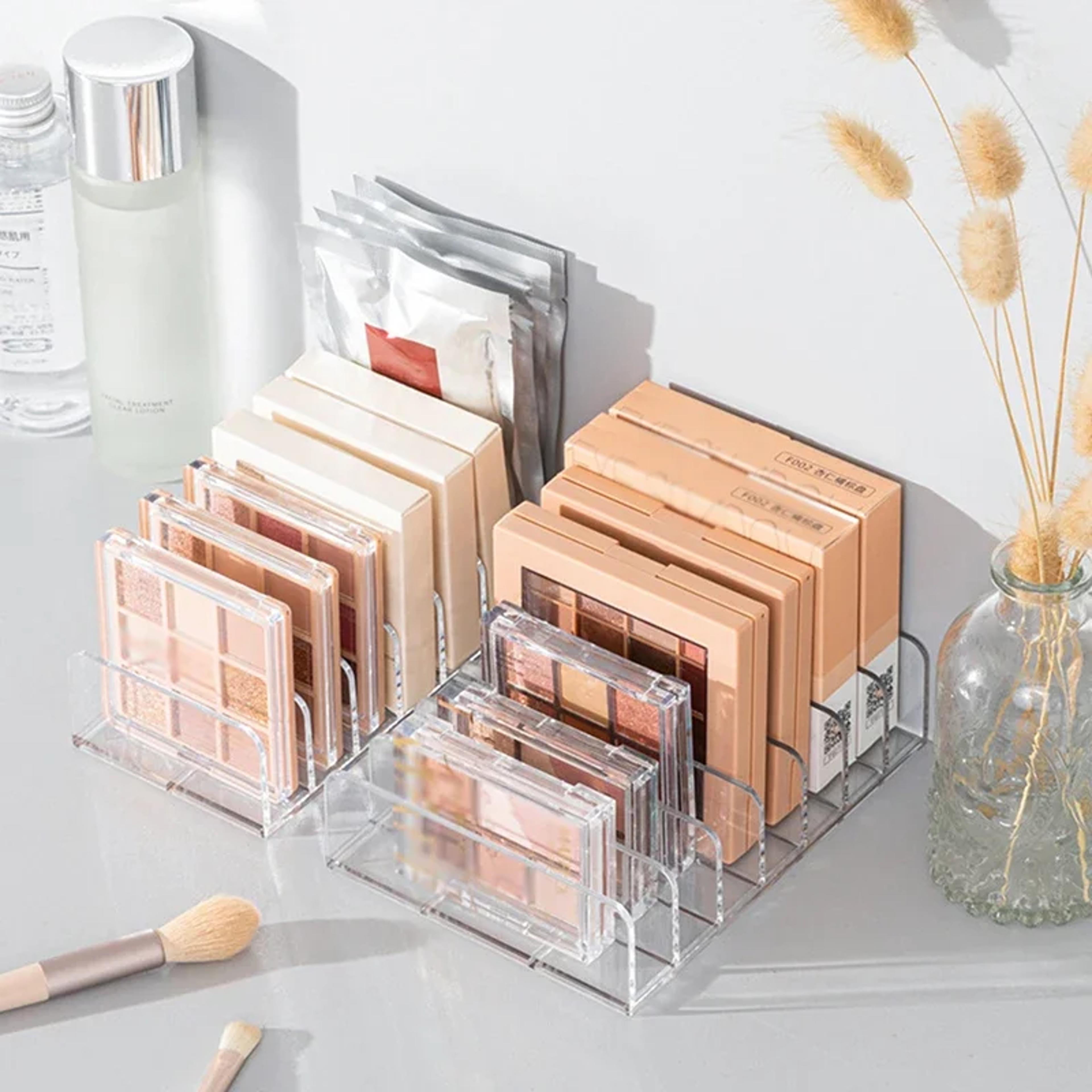 clear acrylic makeup organizer for eyeshadow palettes and cosmetics