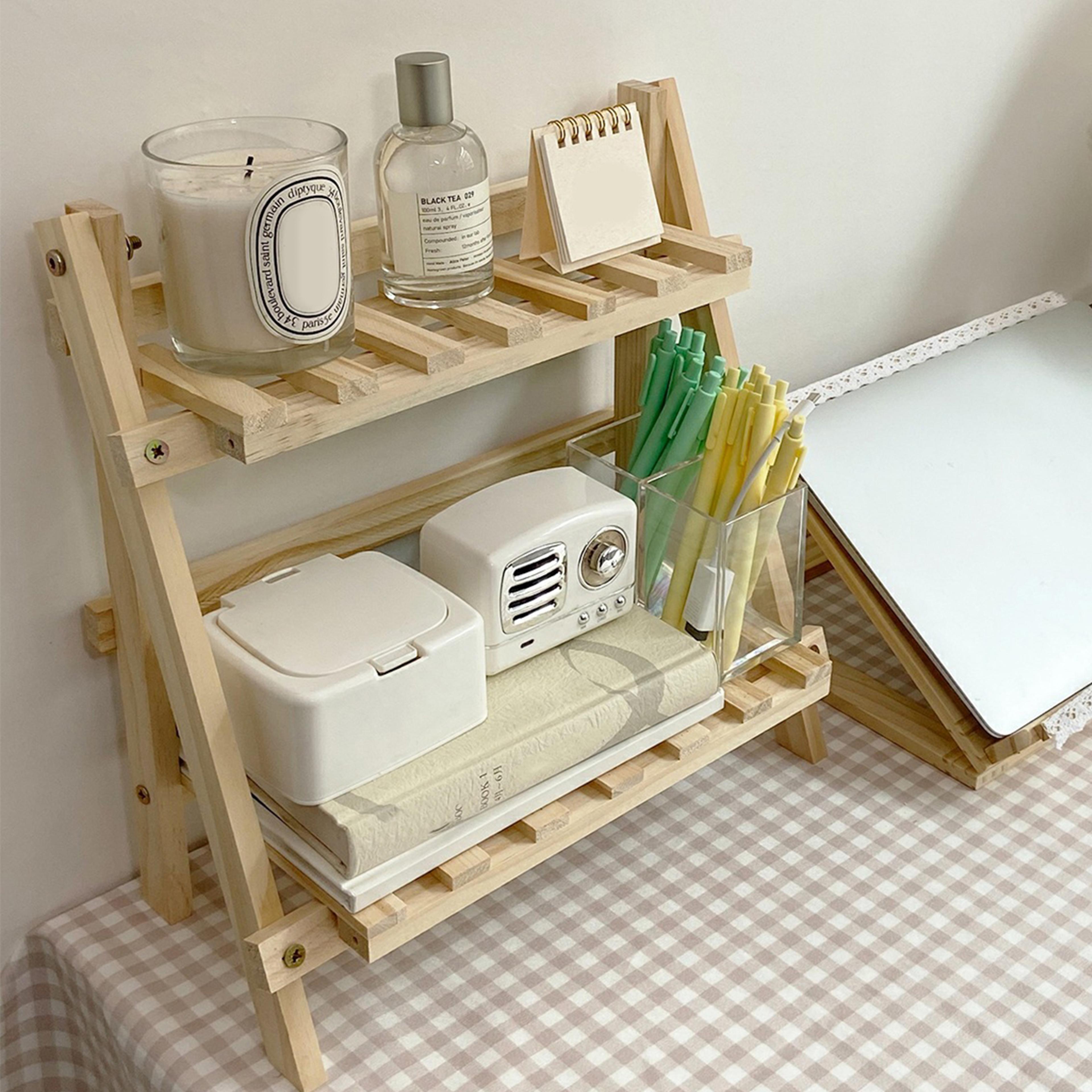 wooden desktop storage rack 2 tier desk organizer folding shelf