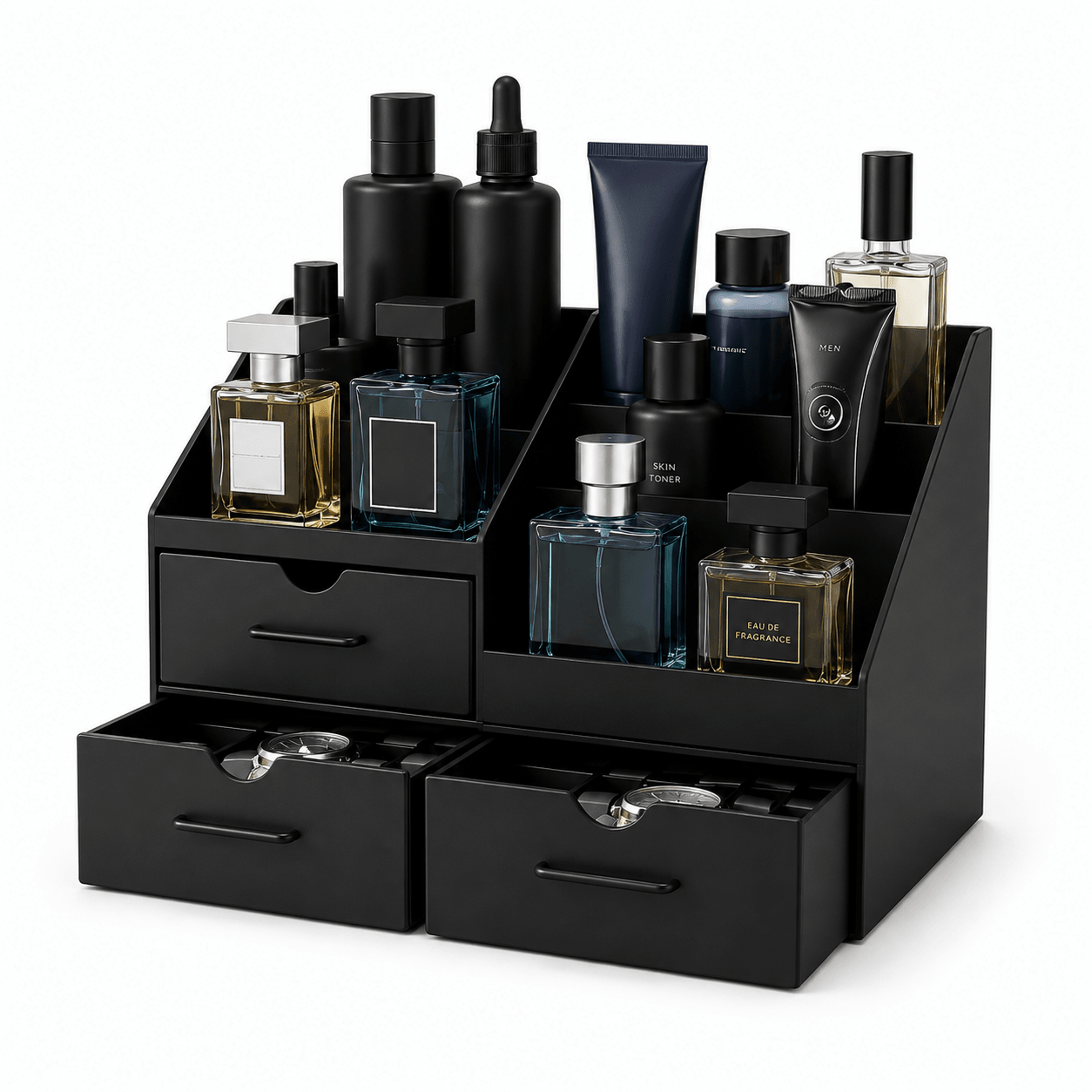 3 in 1 mens perfume organizer with hidden drawers and cologne storage