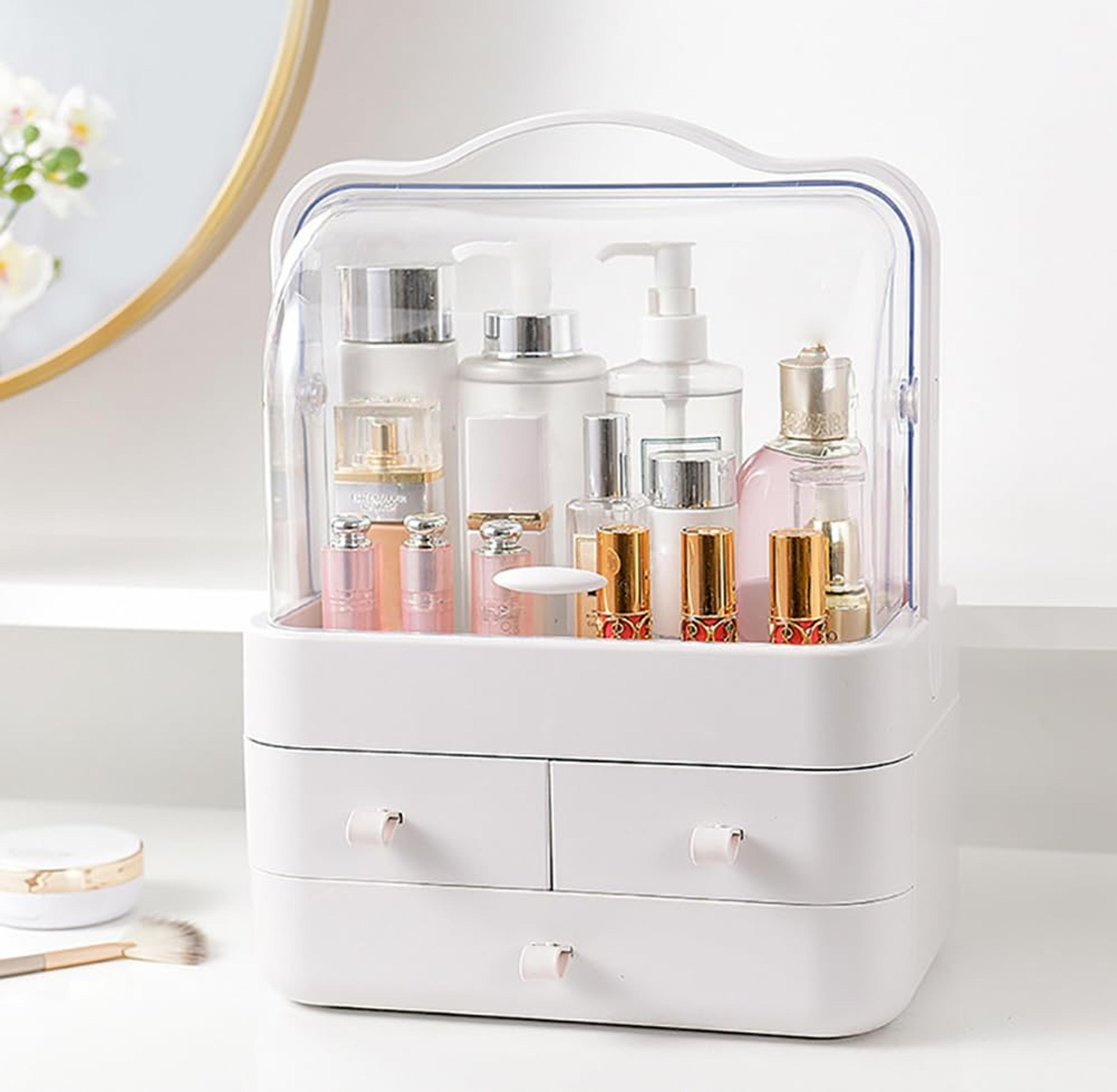 large makeup organizer with lid and 3 drawers dustproof countertop cosmetic storage box