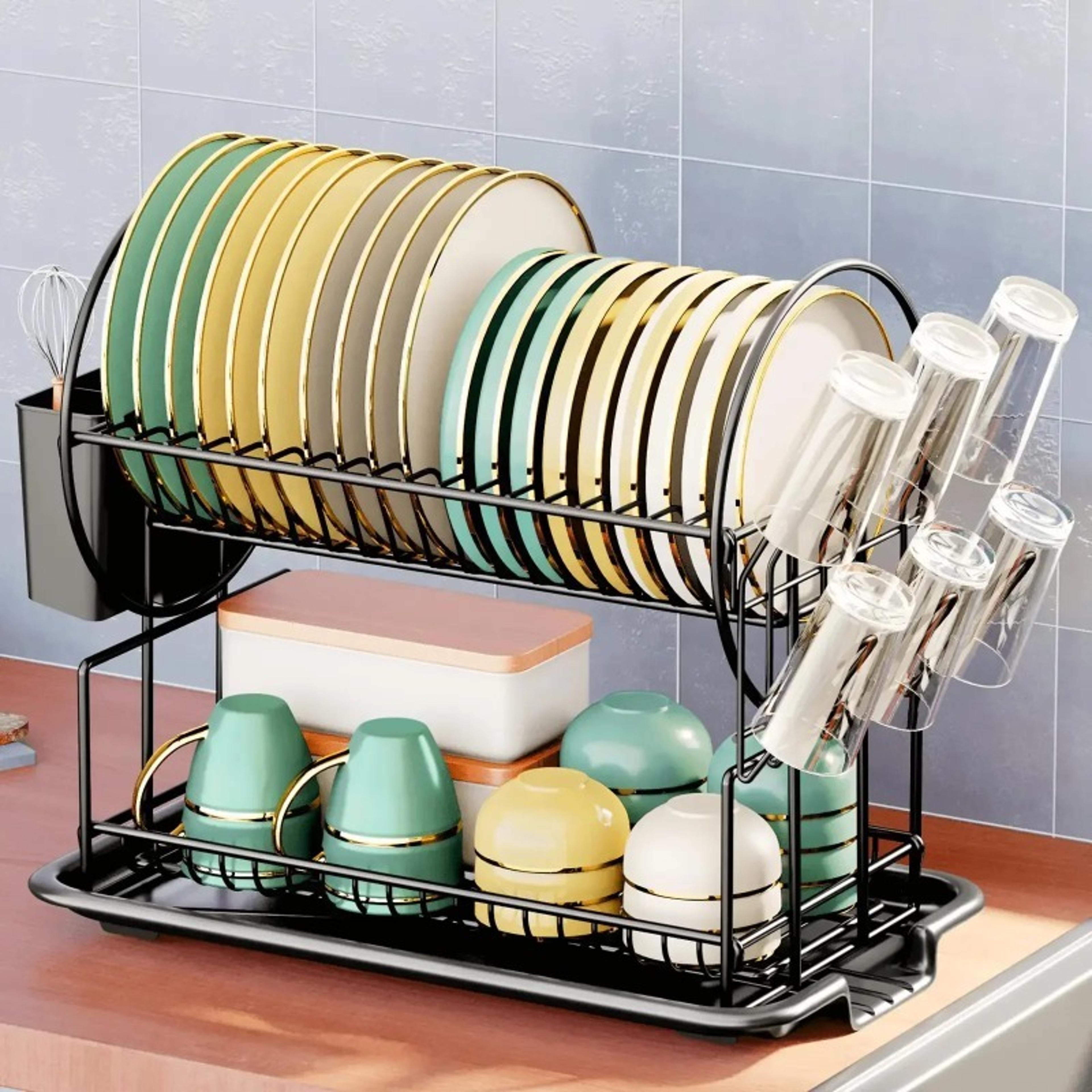 2 tier dish drying rack with drainboard cup holder and utensil holder