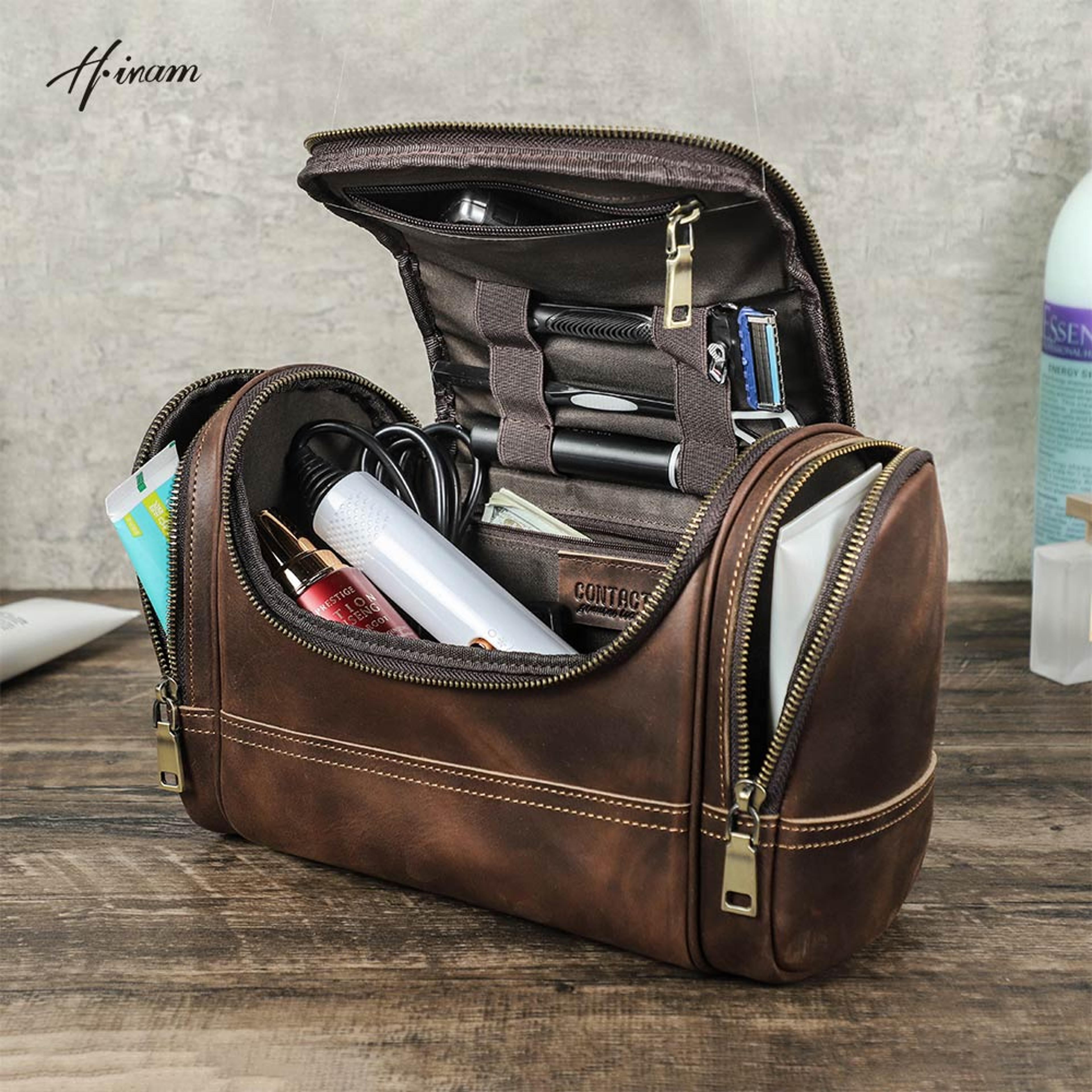 genuine leather toiletry bag for men women travel shaving organizer large capacity