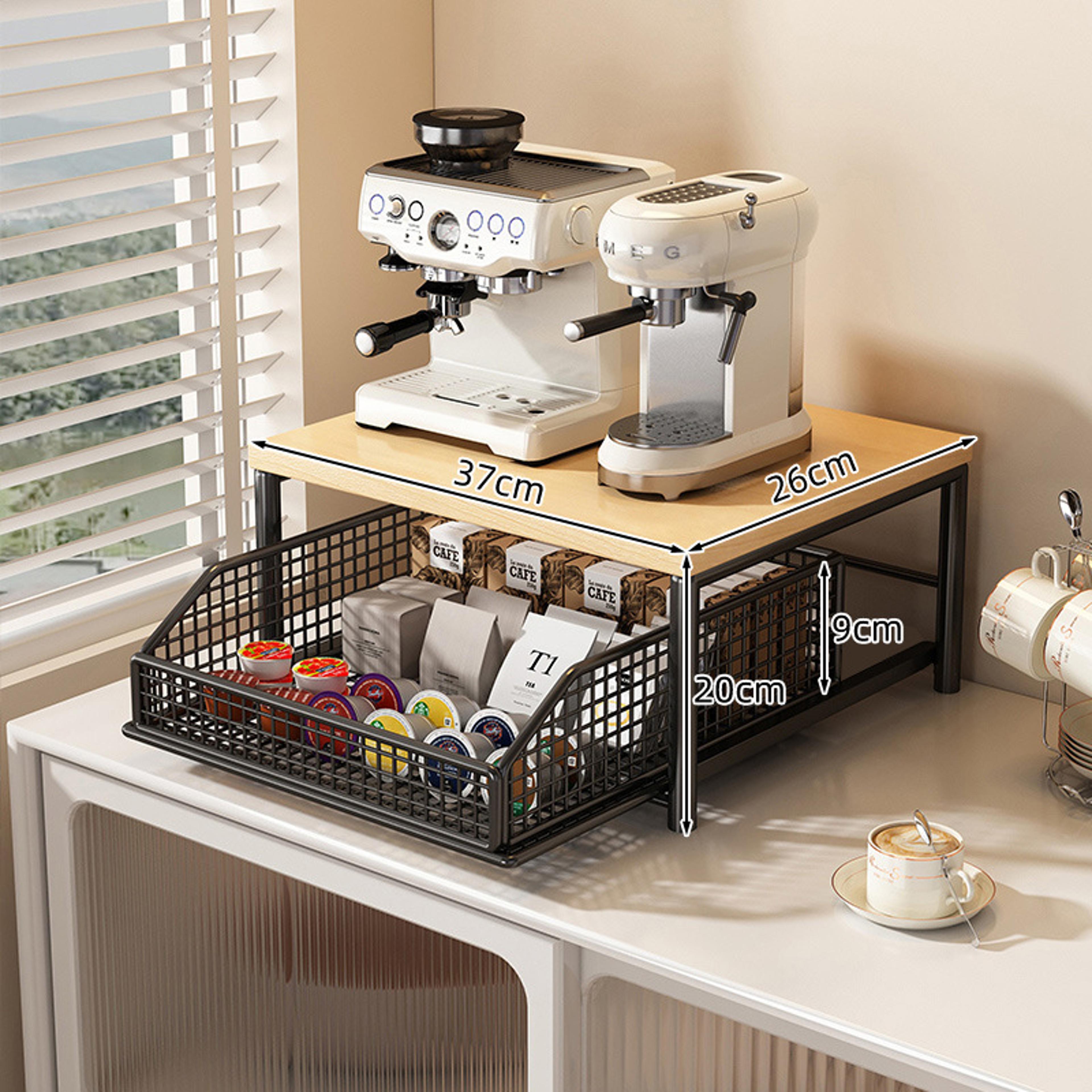 modern wood metal coffee station organizer with pull out basket desktop storage rack