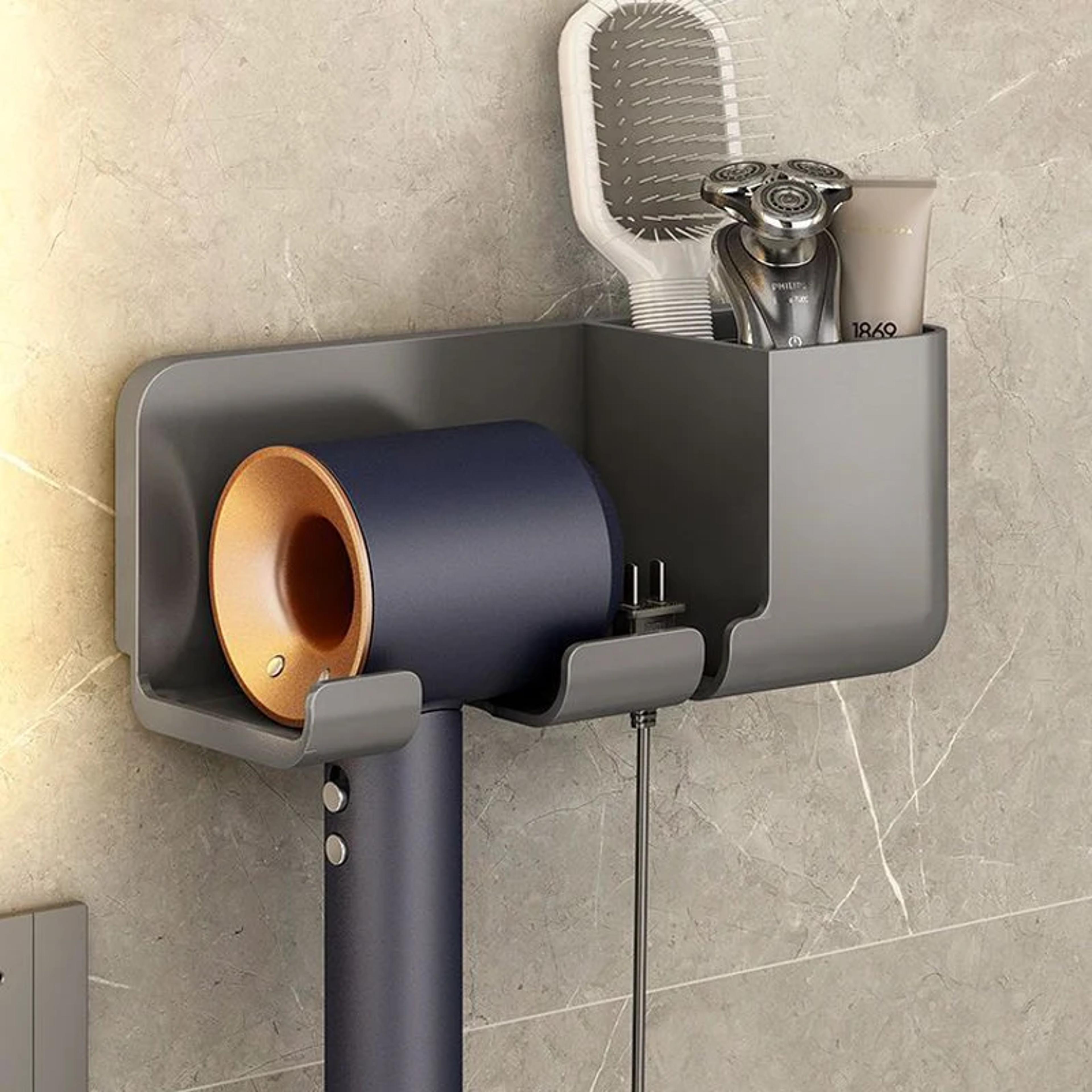 wall mounted hair dryer holder and straightener organizer with storage shelf