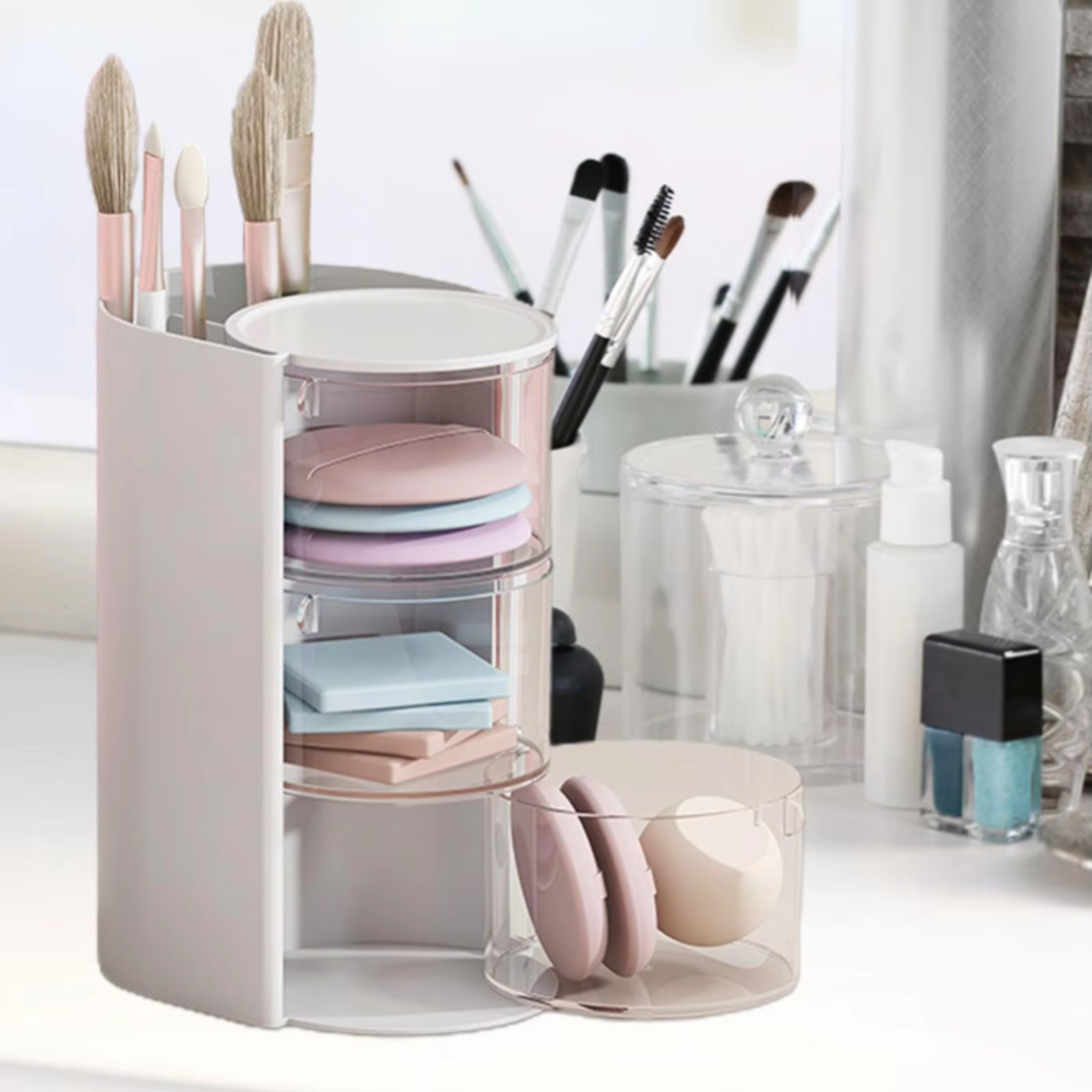 360 degree rotating makeup organizer powder puff holder cosmetic storage box