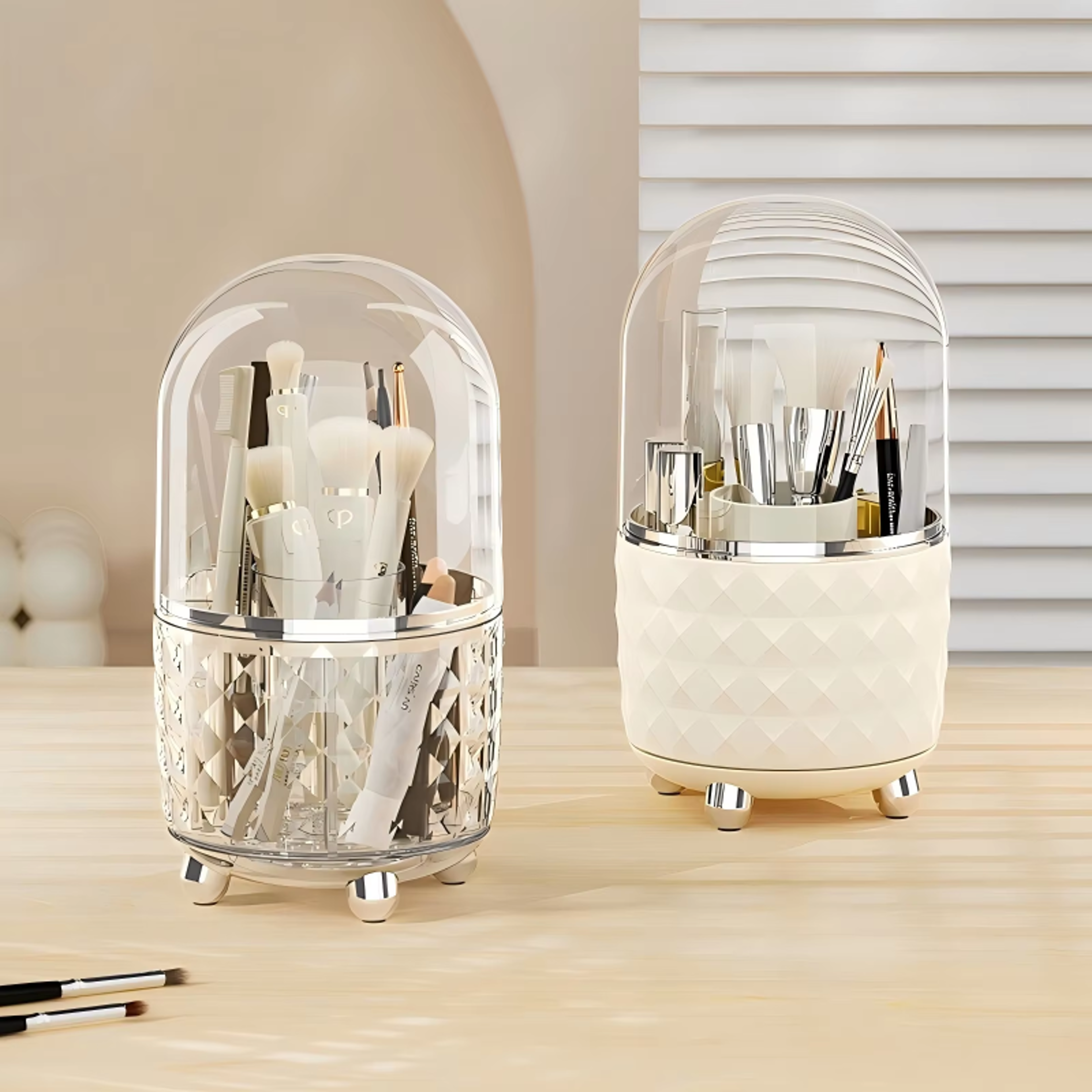 360° rotating makeup organizer with dustproof lid cosmetic brush holder