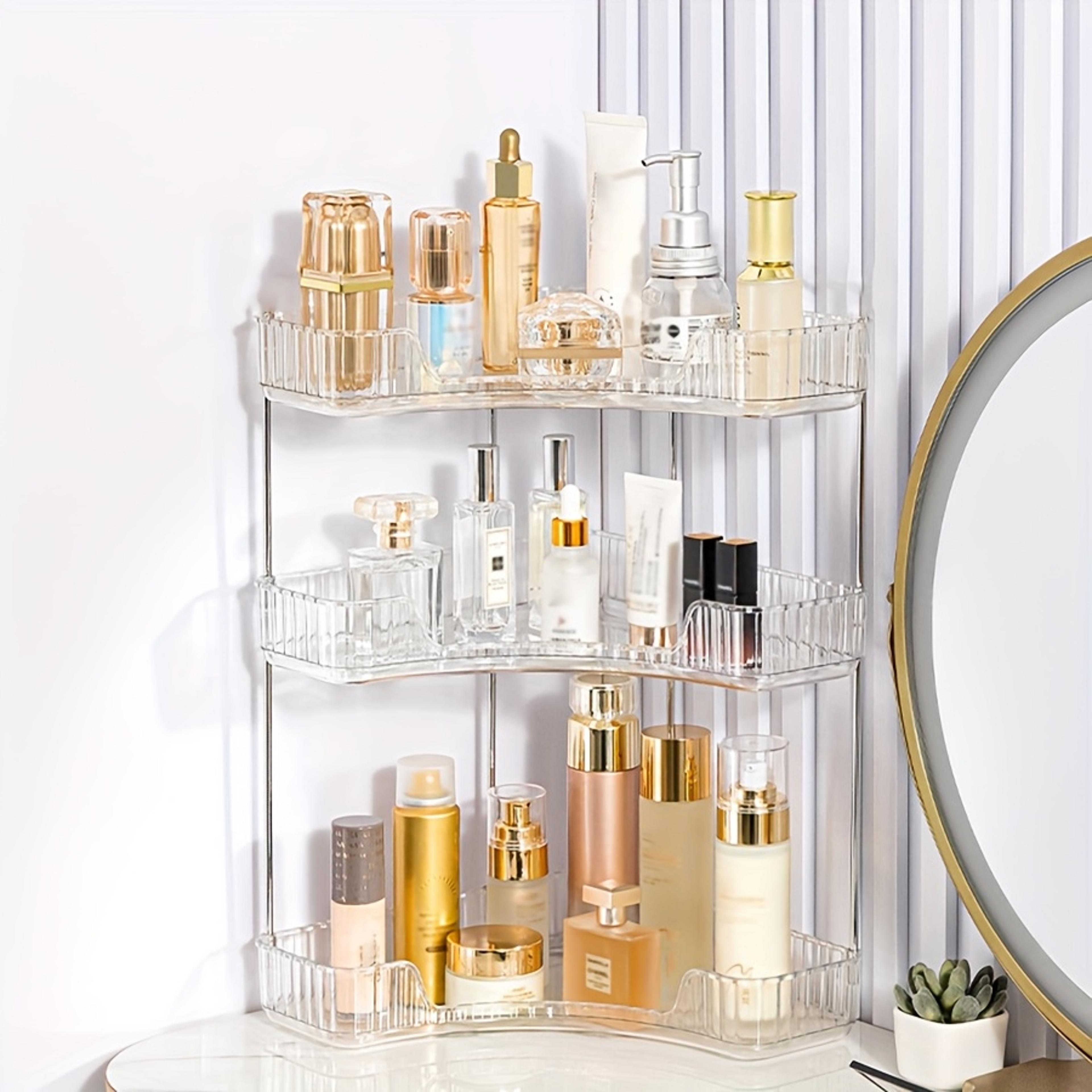 2pcs 3 tier corner makeup organizer transparent cosmetic storage rack with folding comb