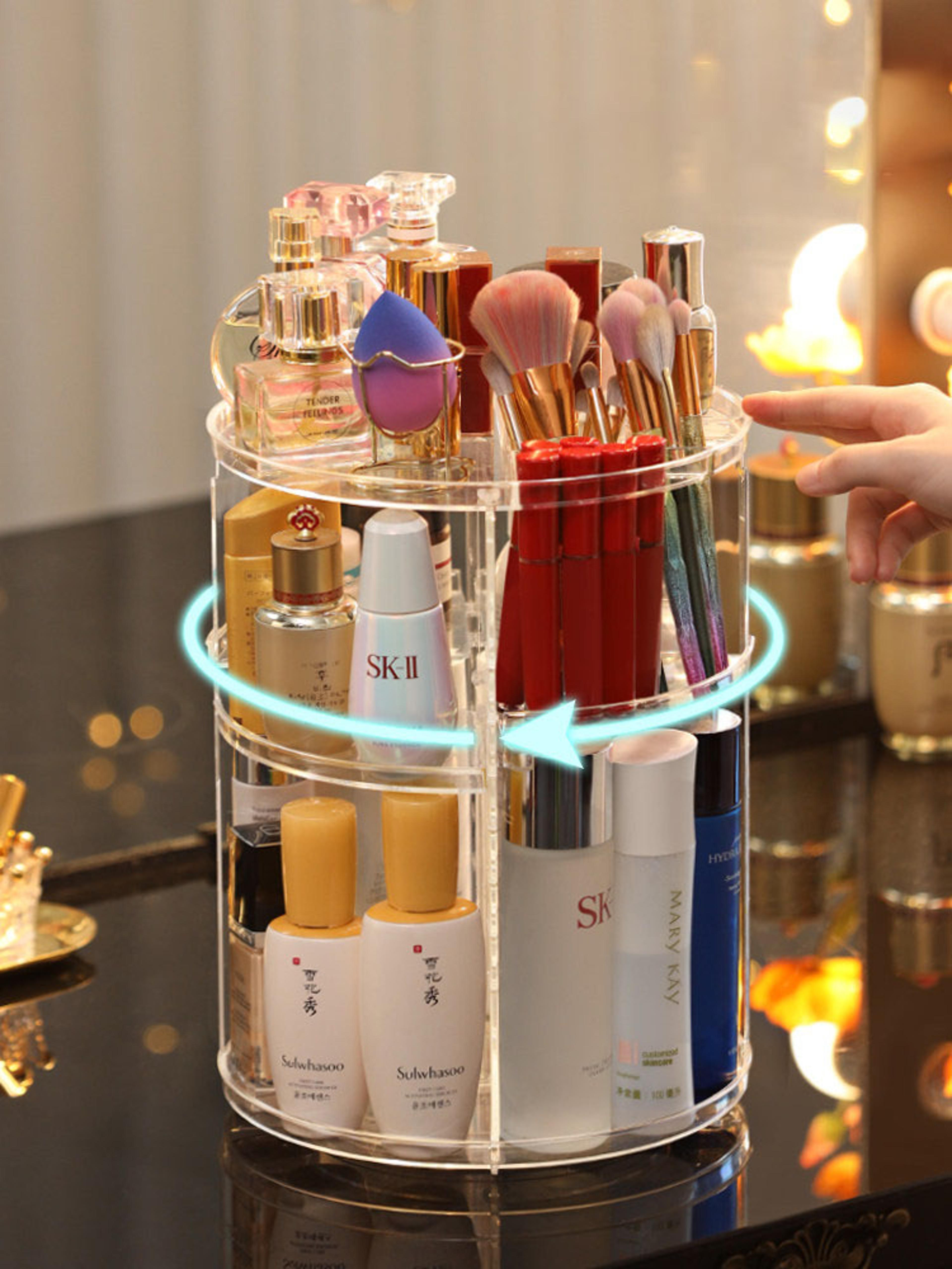 360 rotating makeup organizer clear acrylic skincare and perfume storage