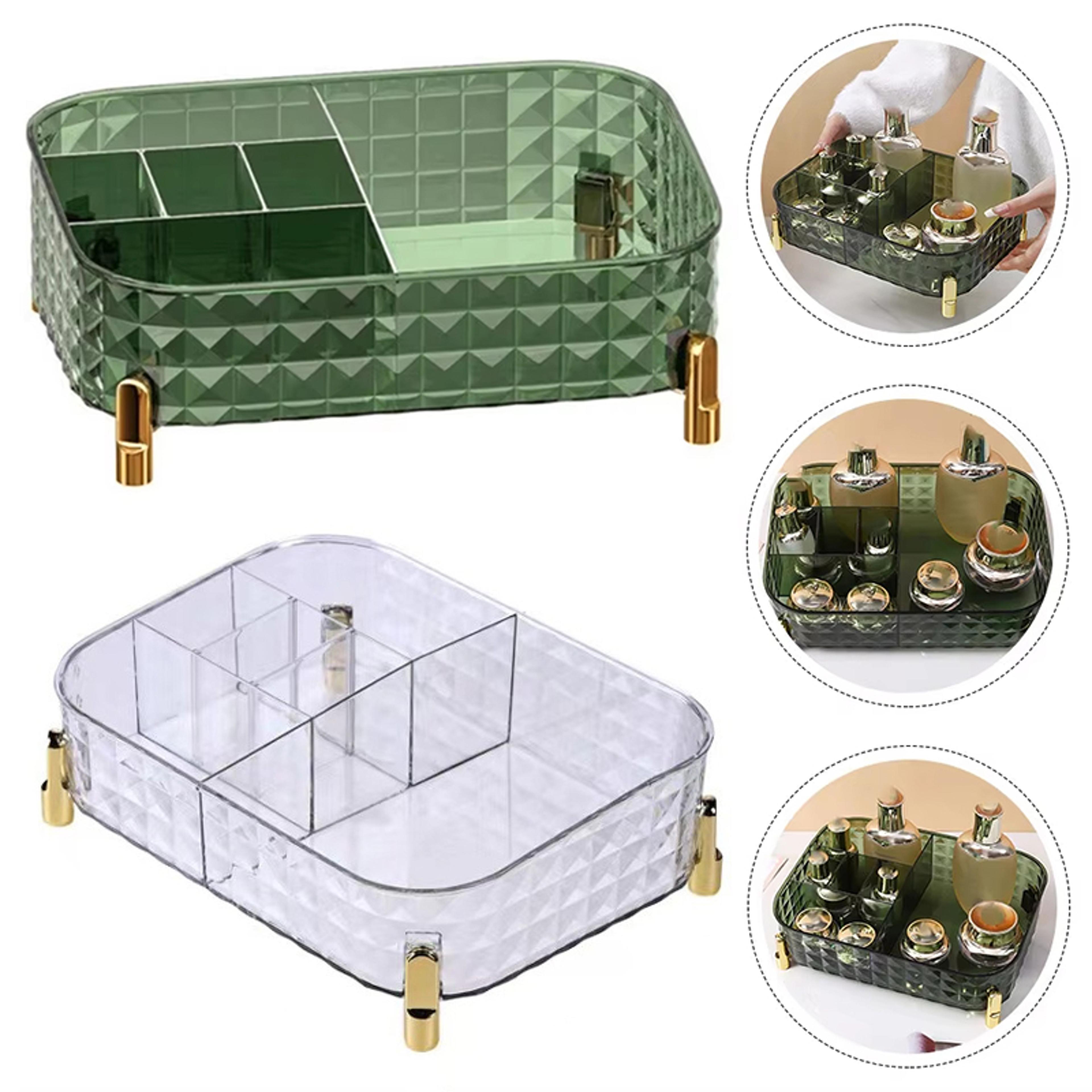 clear makeup organizer box with divided compartments for vanity and desk