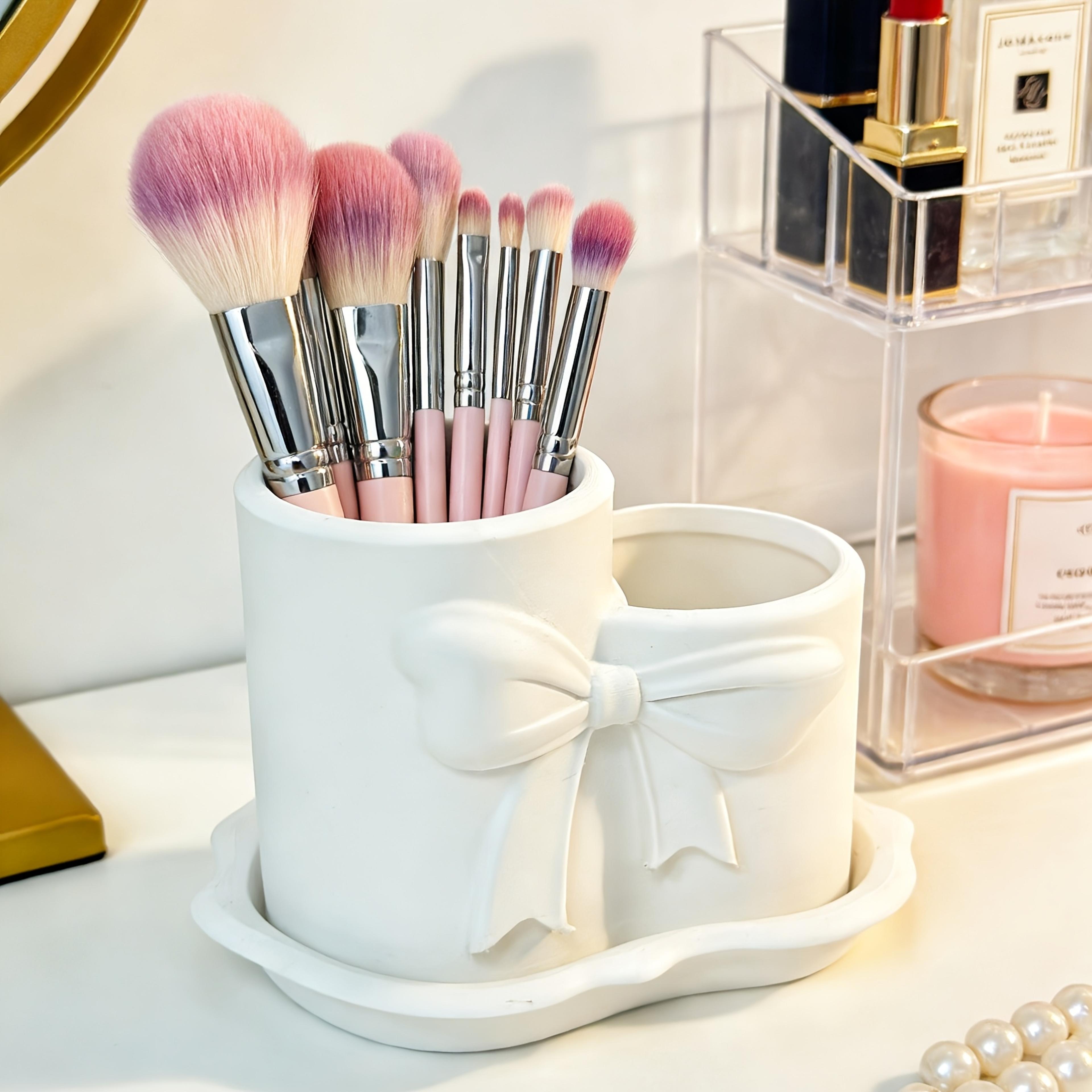 bow makeup brush holder and coquette vanity organizer