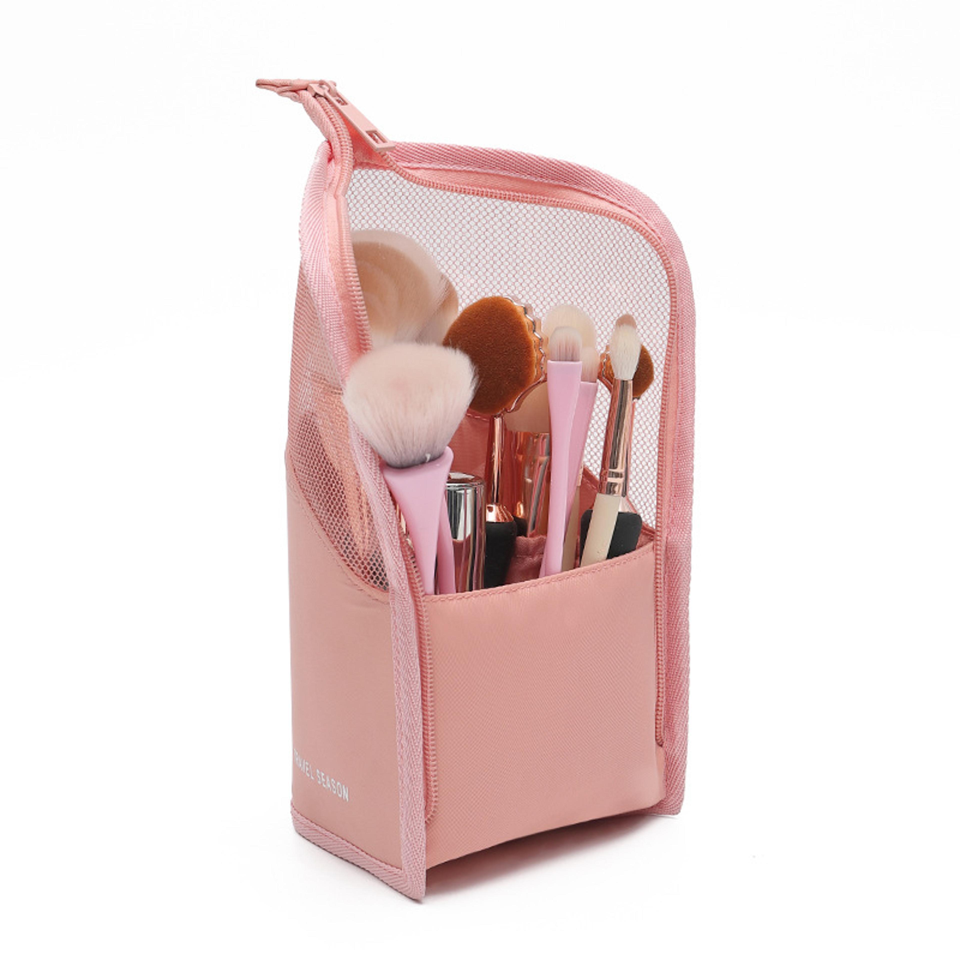 clear travel makeup bag with stand up makeup brush organizer