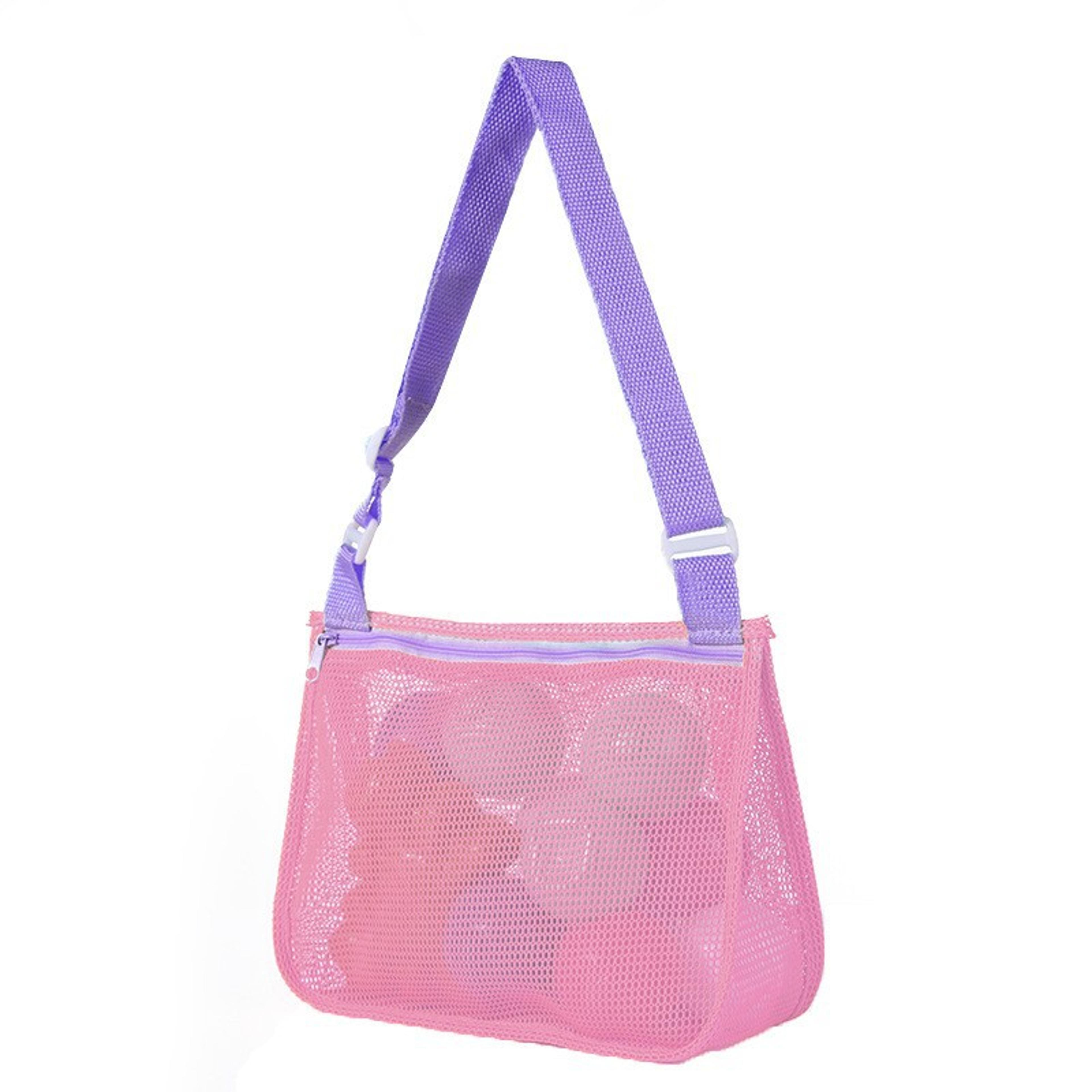 kids mesh beach bag with drawstring shoulder strap for toys and shells