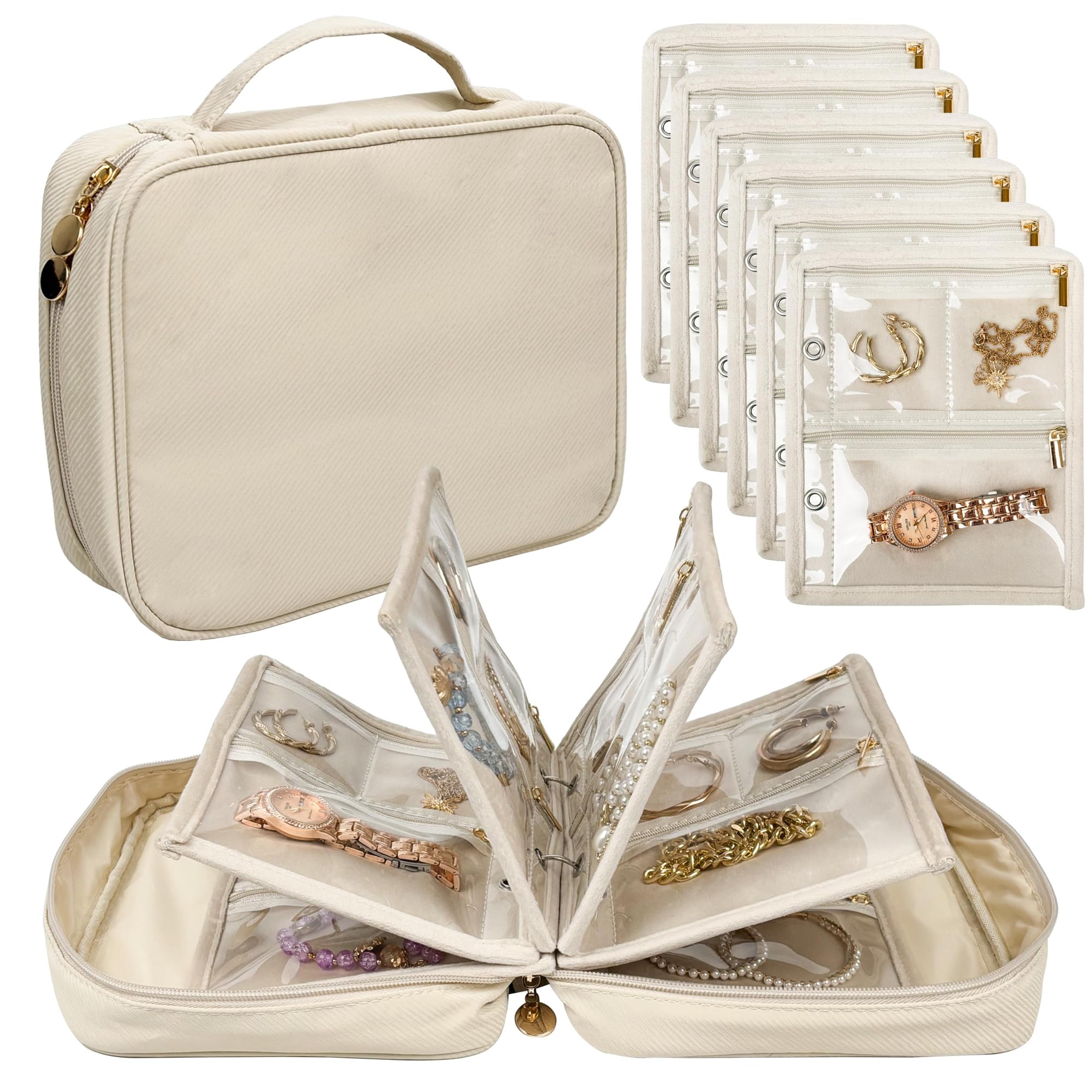 travel jewelry organizer case with velvet zipper pouches and adjustable storage binder