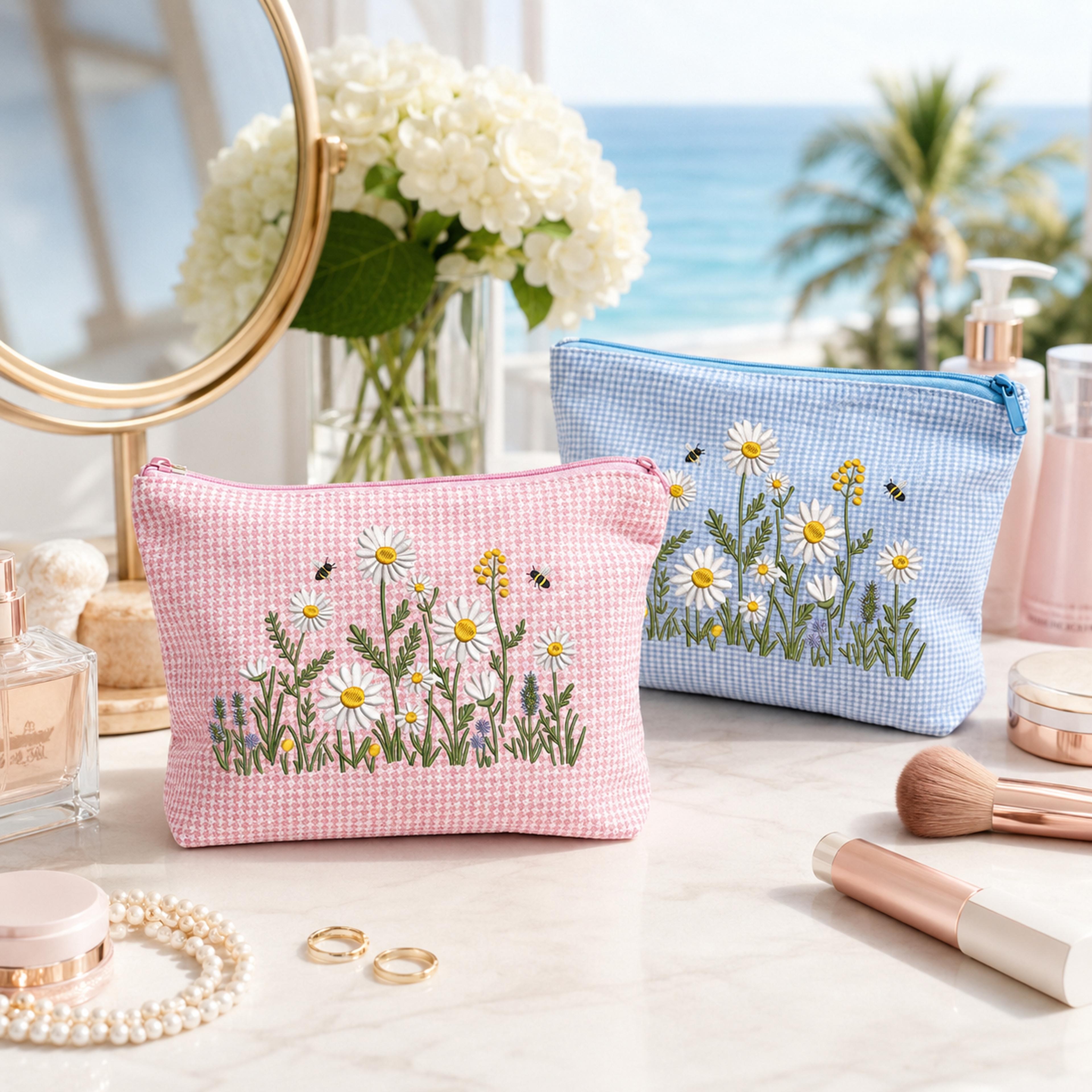 daisy embroidered cosmetic bag large gingham travel makeup bag and toiletry organizer