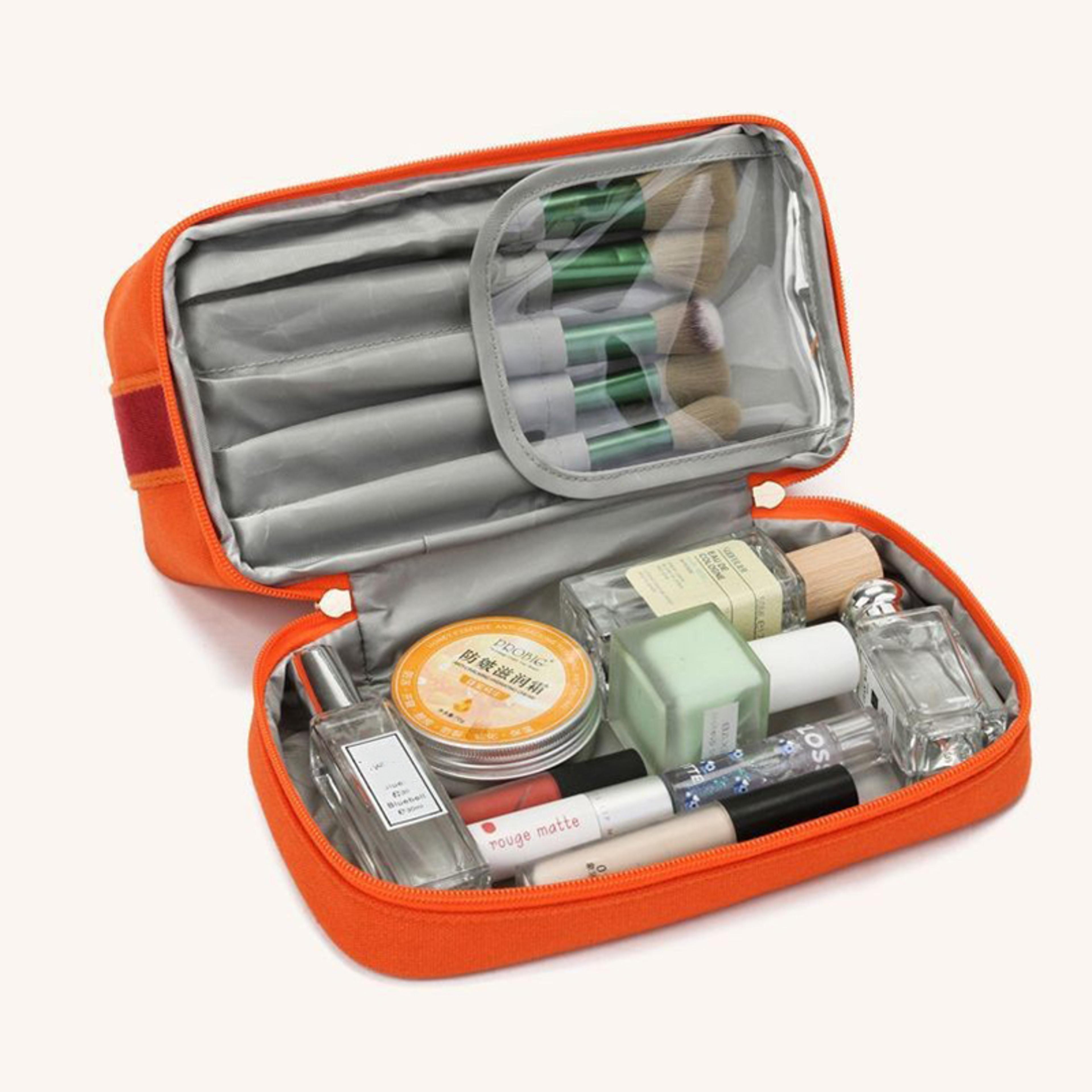 double layer travel makeup bag large capacity canvas cosmetic organizer