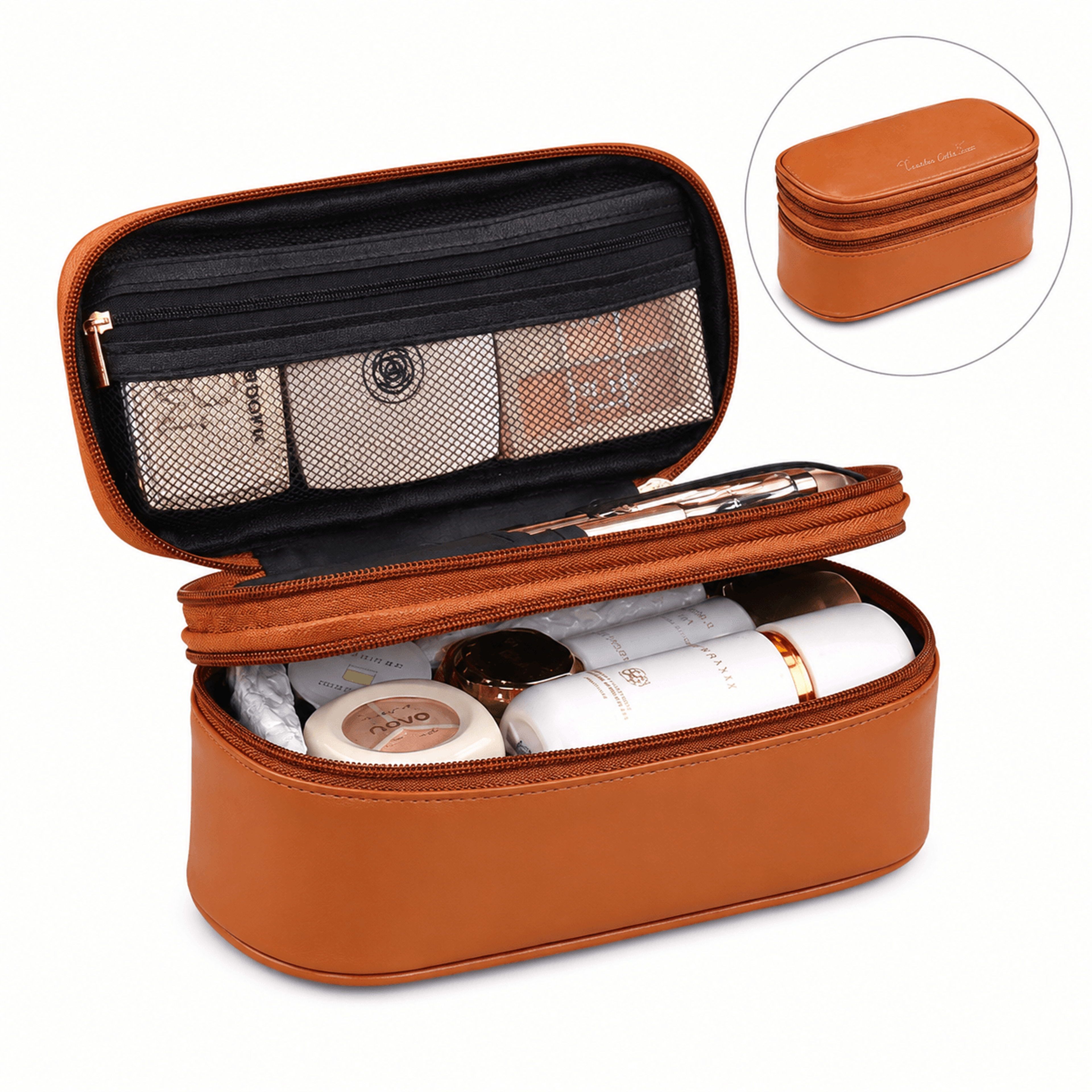 double layer travel makeup bag large capacity pu leather cosmetic organizer