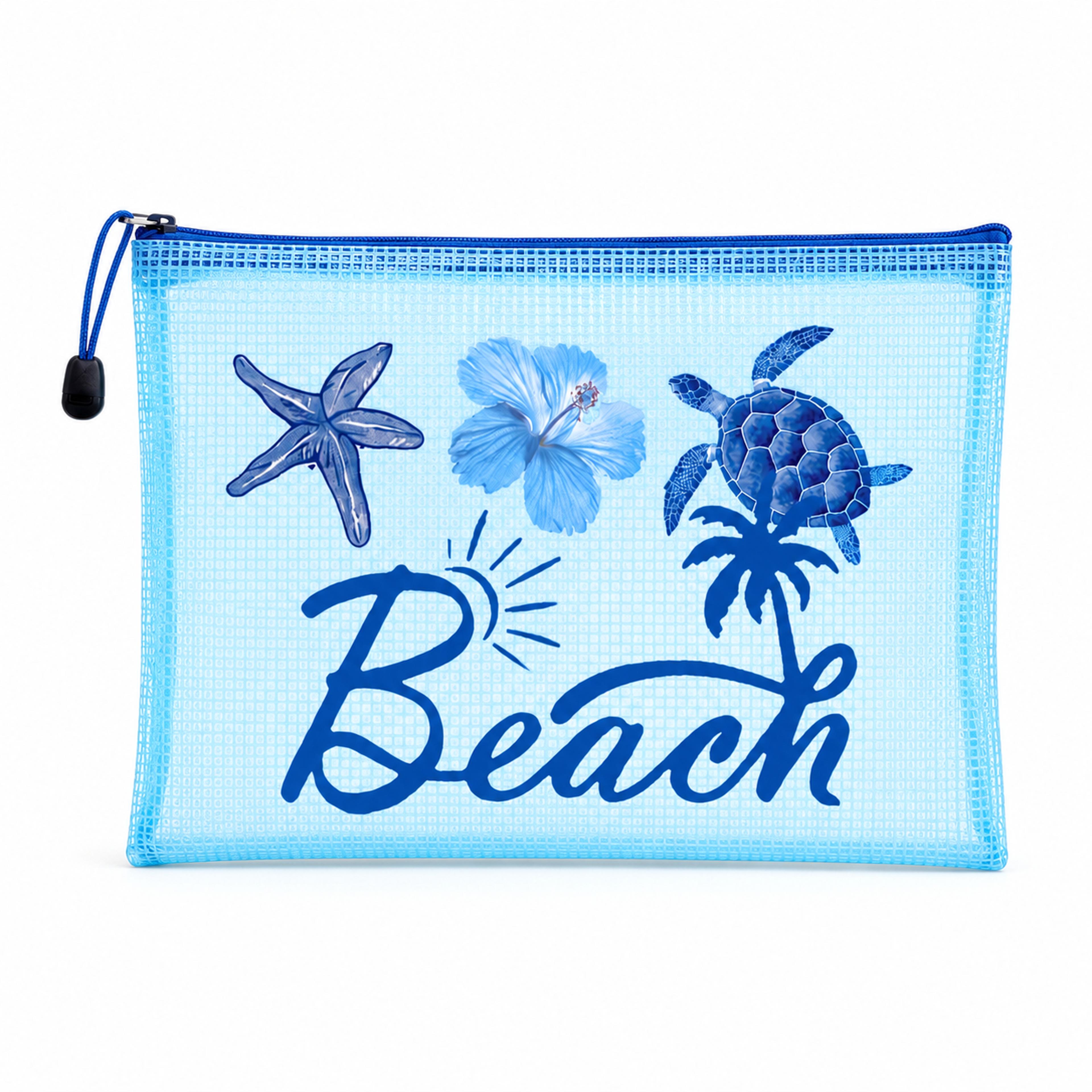 blue mesh beach bag transparent zipper travel toiletry organizer