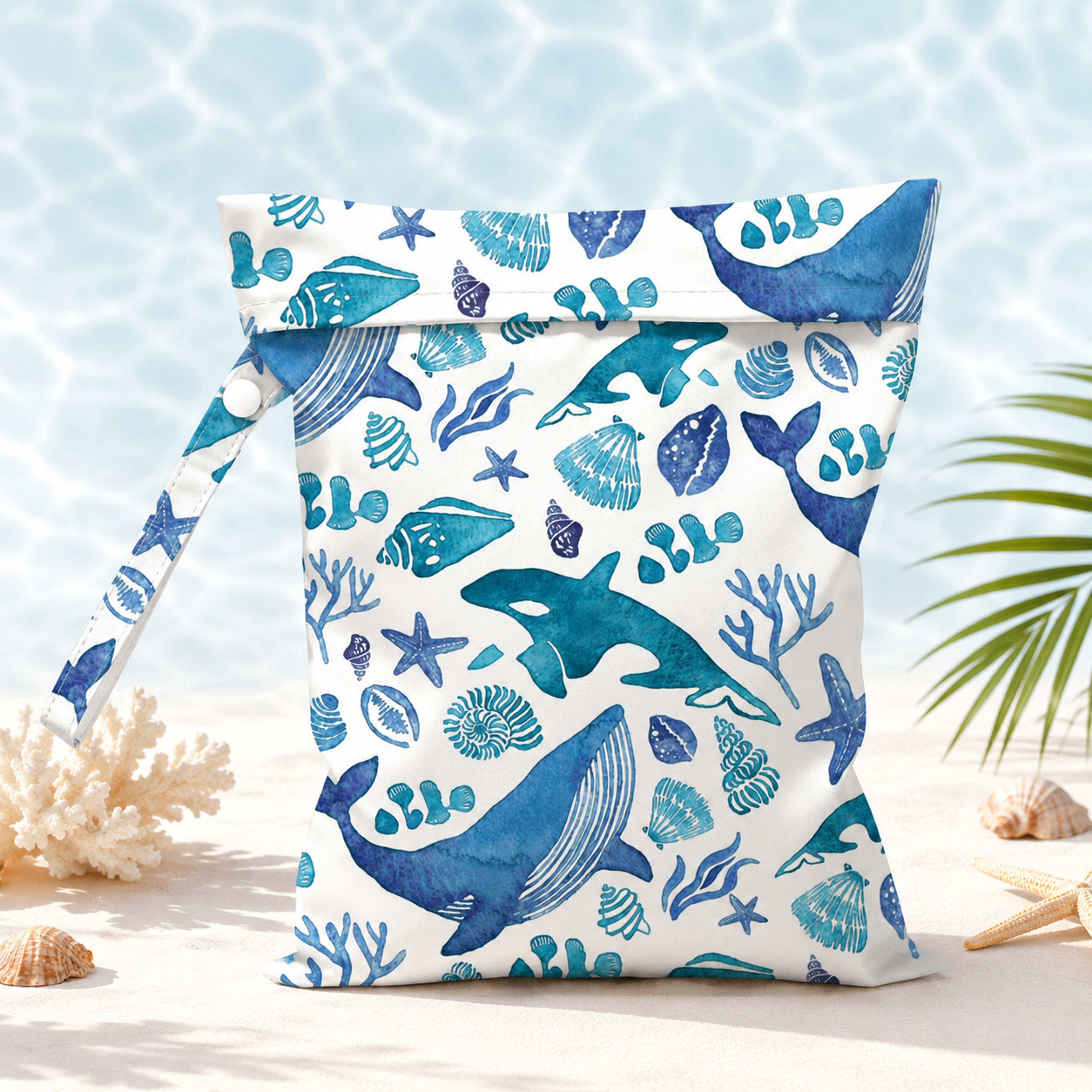 whale print waterproof wet bag reusable swimwear bag with wrist strap