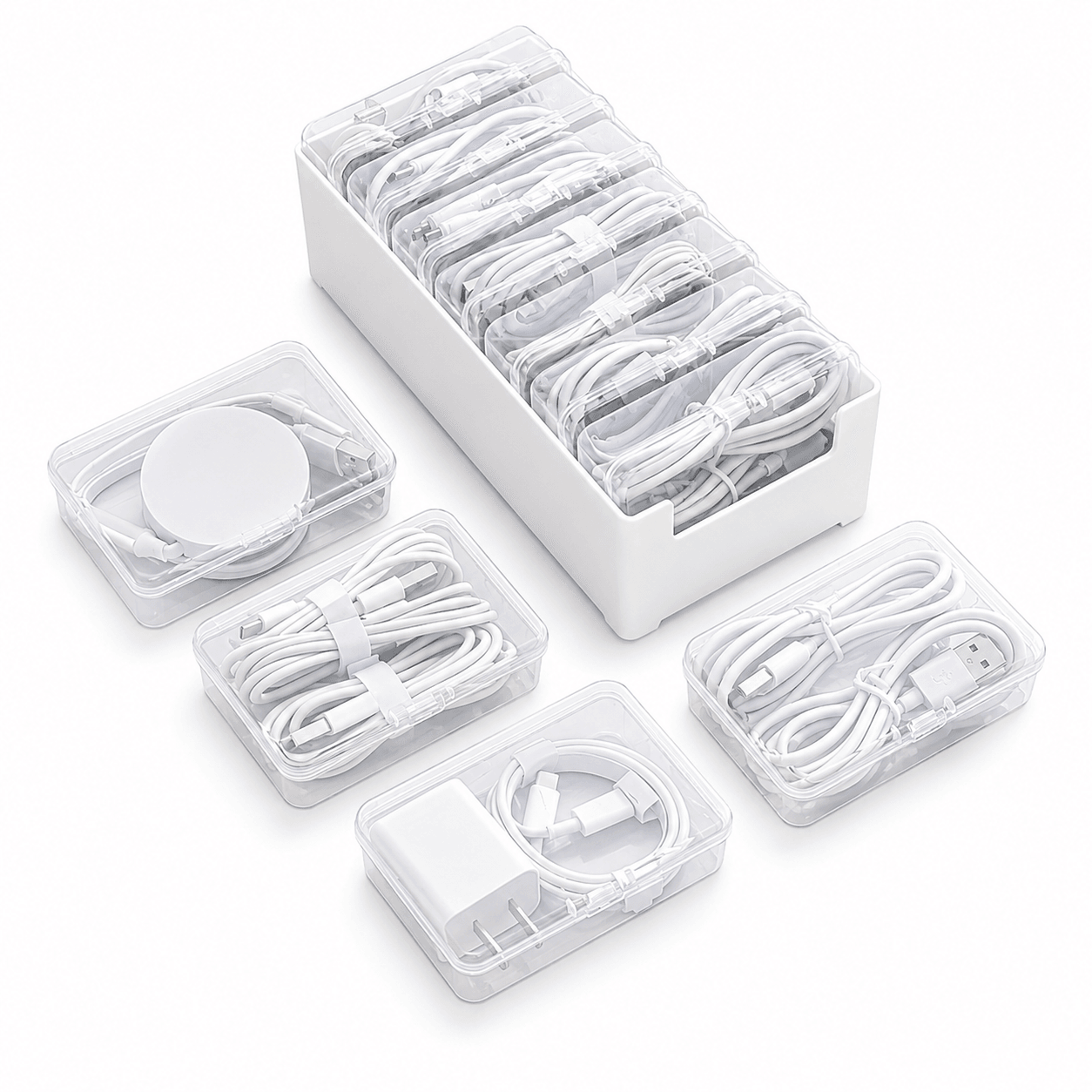 cable storage box set with cord organizer winders for neat desktop and drawer storage