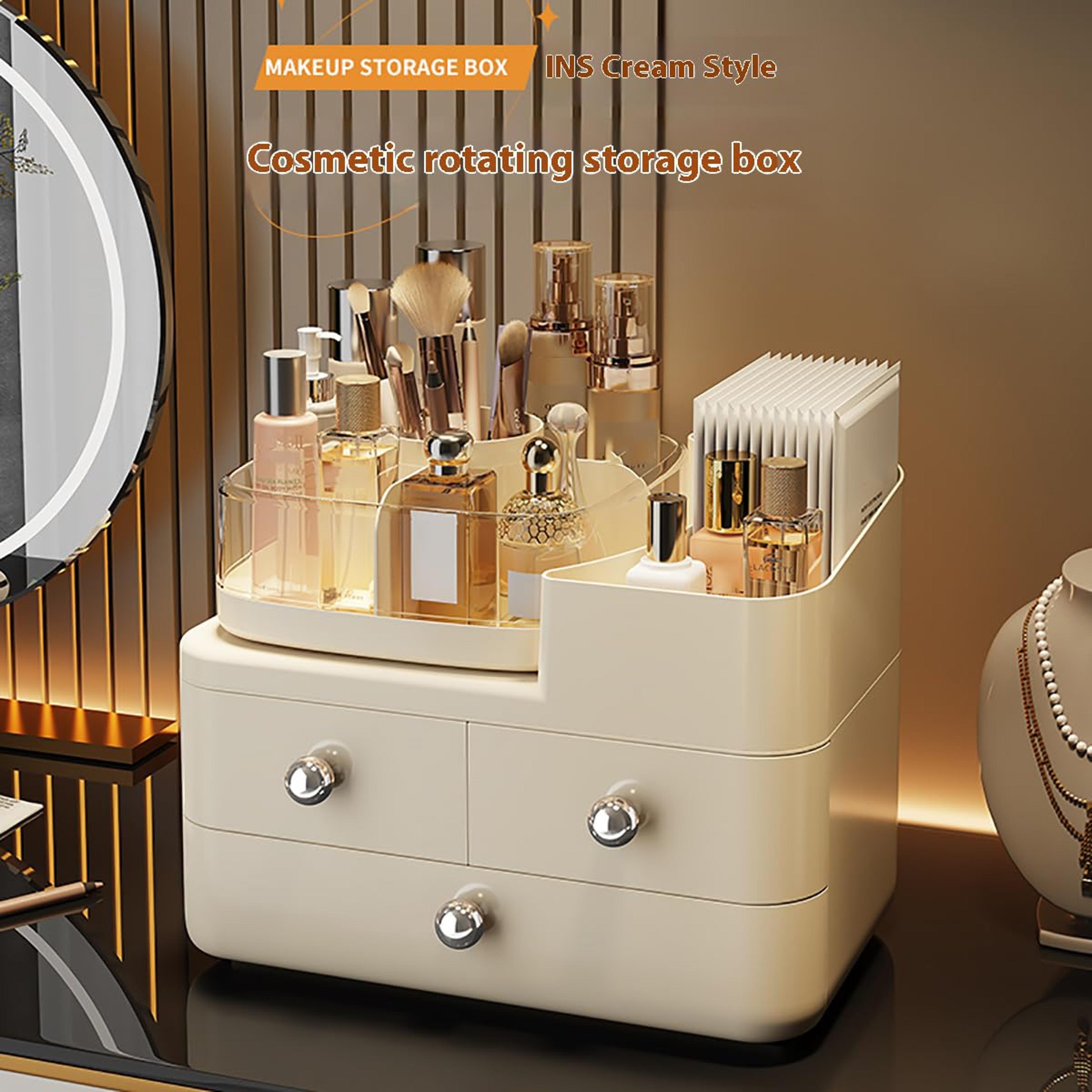 360 rotating makeup organizer with drawers large capacity vanity and skincare storage